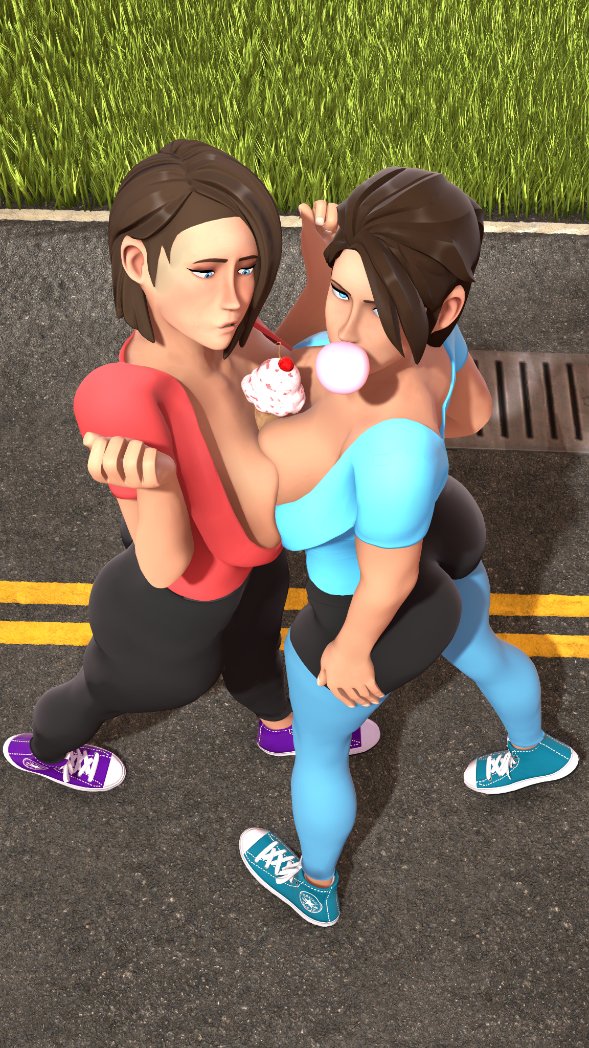 2girls 3d 3d_(artwork) black_legwear blowing_bubblegum blue_eyes blue_legwear blue_shirt breasts_frottage brunette female female_scout femscout femscout_(alt_design) food grass jarri34 large_breasts leggings red_shirt road tagme team_fortress_2 tf2