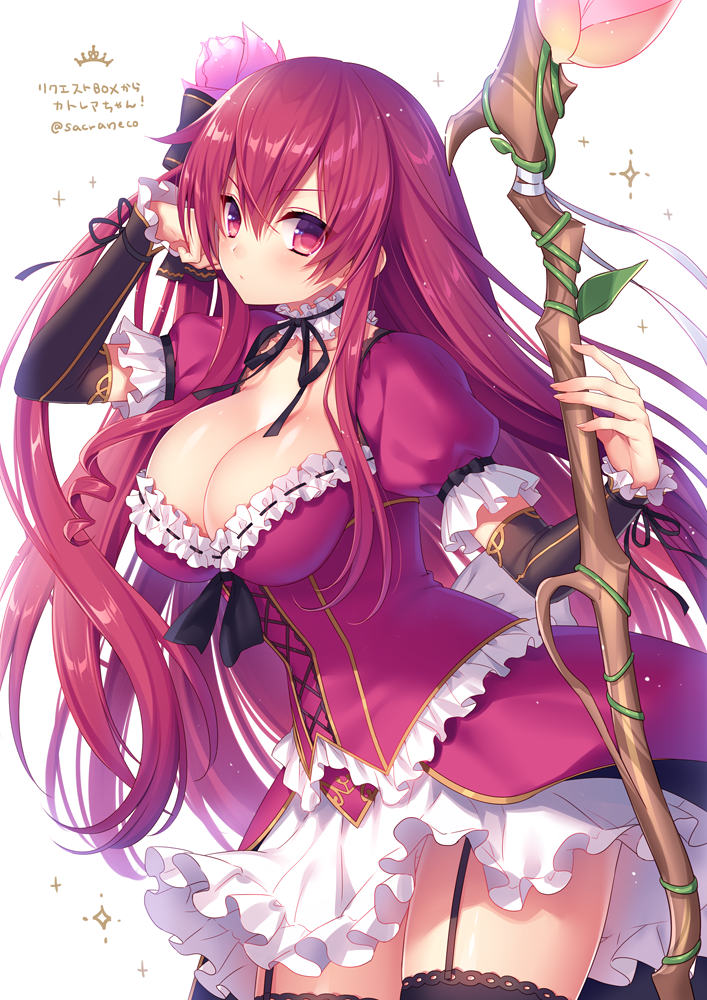 1girls bangs breasts cattleya_(flower_knight_girl) choker cleavage dress female flower flower_knight_girl garter_straps hair_ornament large_breasts long_hair looking_at_viewer purple_eyes red_hair ribbon sakura_neko sidelocks solo staff standing thighhighs tiara