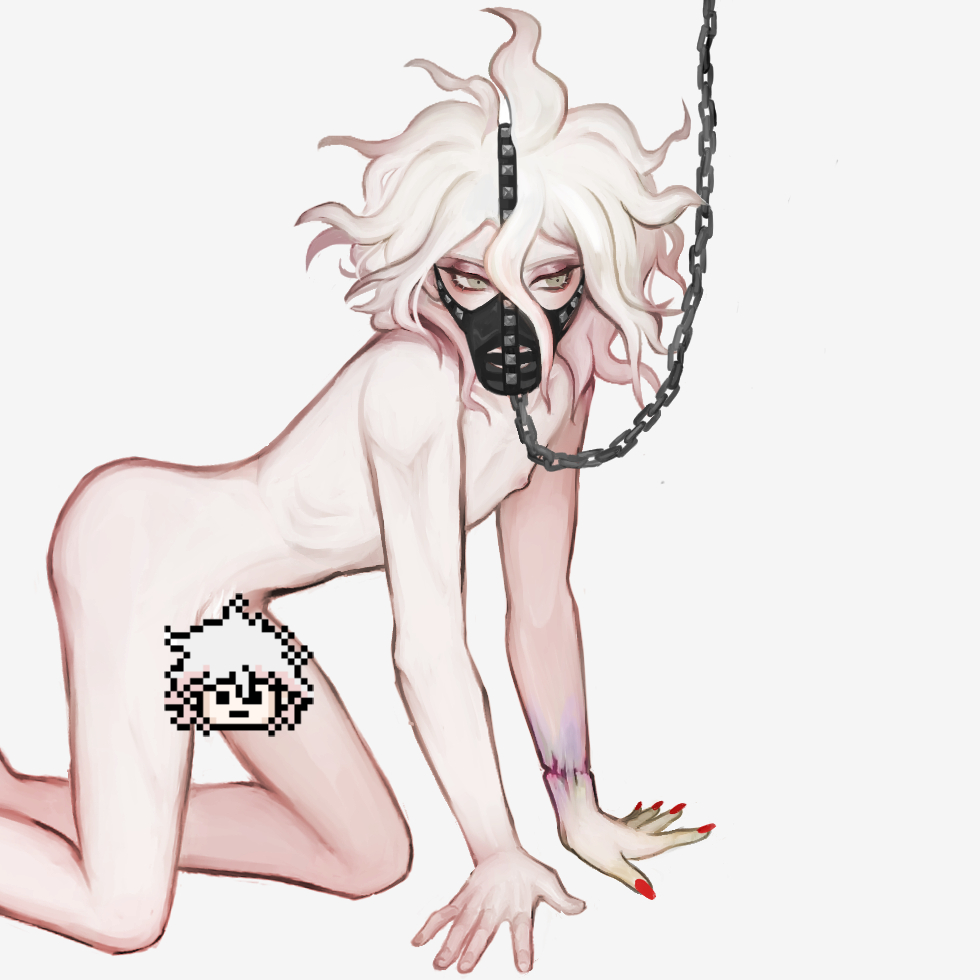 1boy all_fours ass_up censored color danganronpa danganronpa_ultra_despair_girls leash light-skinned_male male male_focus male_only muzzle_(object) nagito_komaeda nikoloft nude nude_male painted_nails pale-skinned_male pale_skin pubic_hair_peek servant_(danganronpa) simple_background solo solo_focus solo_male straight_hair white_background white_hair