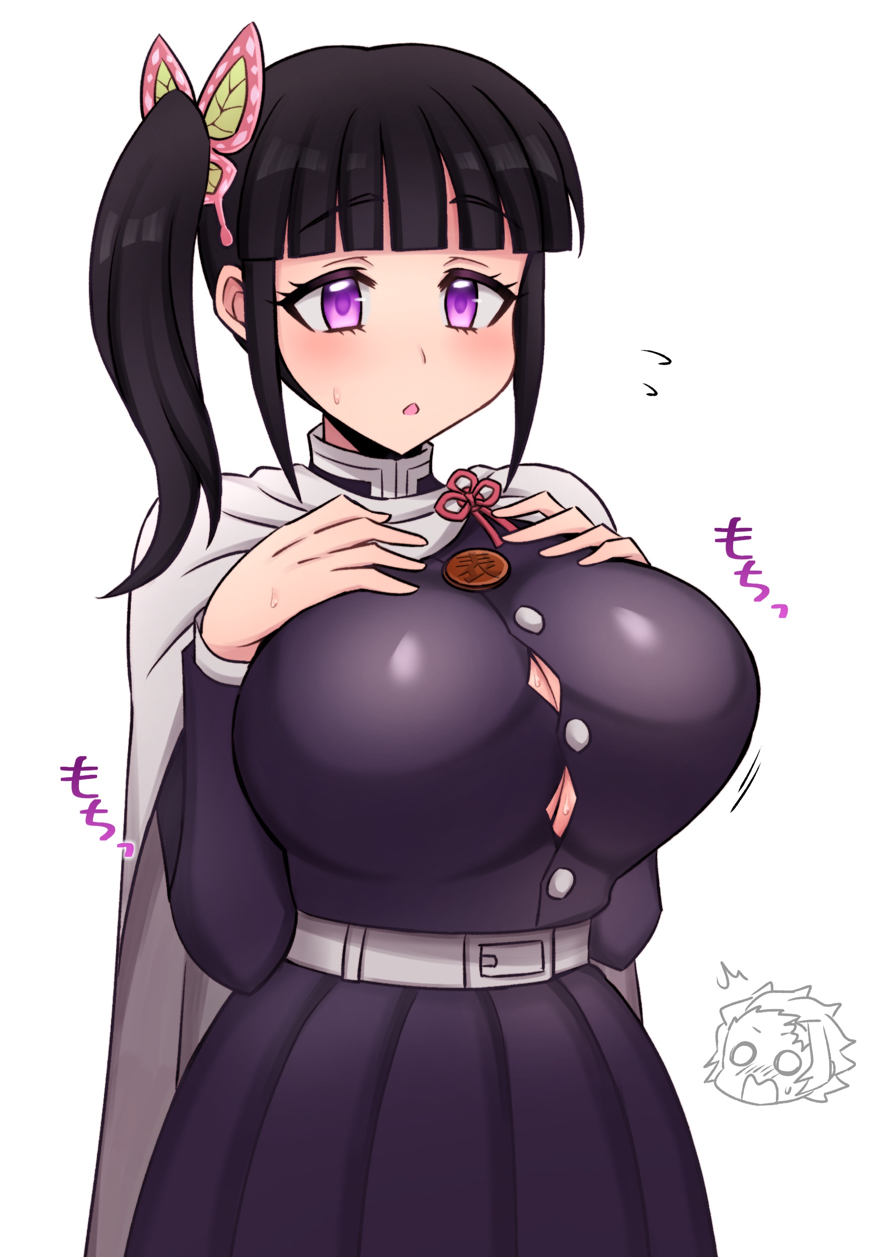 1girls, big breasts, black hair, black-haired female, blush, brbrbdu, breasts, butterfly hair ornament, clothing, demon slayer, female, female only, fully clothed, kamado tanjirou, kimetsu no yaiba, ponytail, purple eyes, side ponytail, solo, straining buttons, tight clothing, tsuyuri kanao