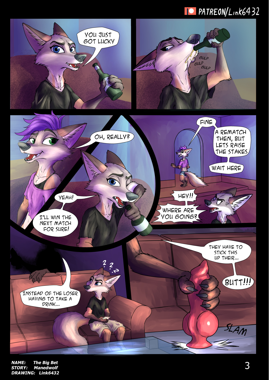 2girls alcohol anthro ava_(manedwolf) beer beverage canid canine clothed clothing comic dildo disney duo english_text fan_character female fur furry furry_only genitals hi_res island_fox jess_(manedwolf) link6432 mammal multicolored_ears oc_character open_mouth page_3 sex_toy shirt shorts simple_background smile t-shirt text topwear urocyon zootopia