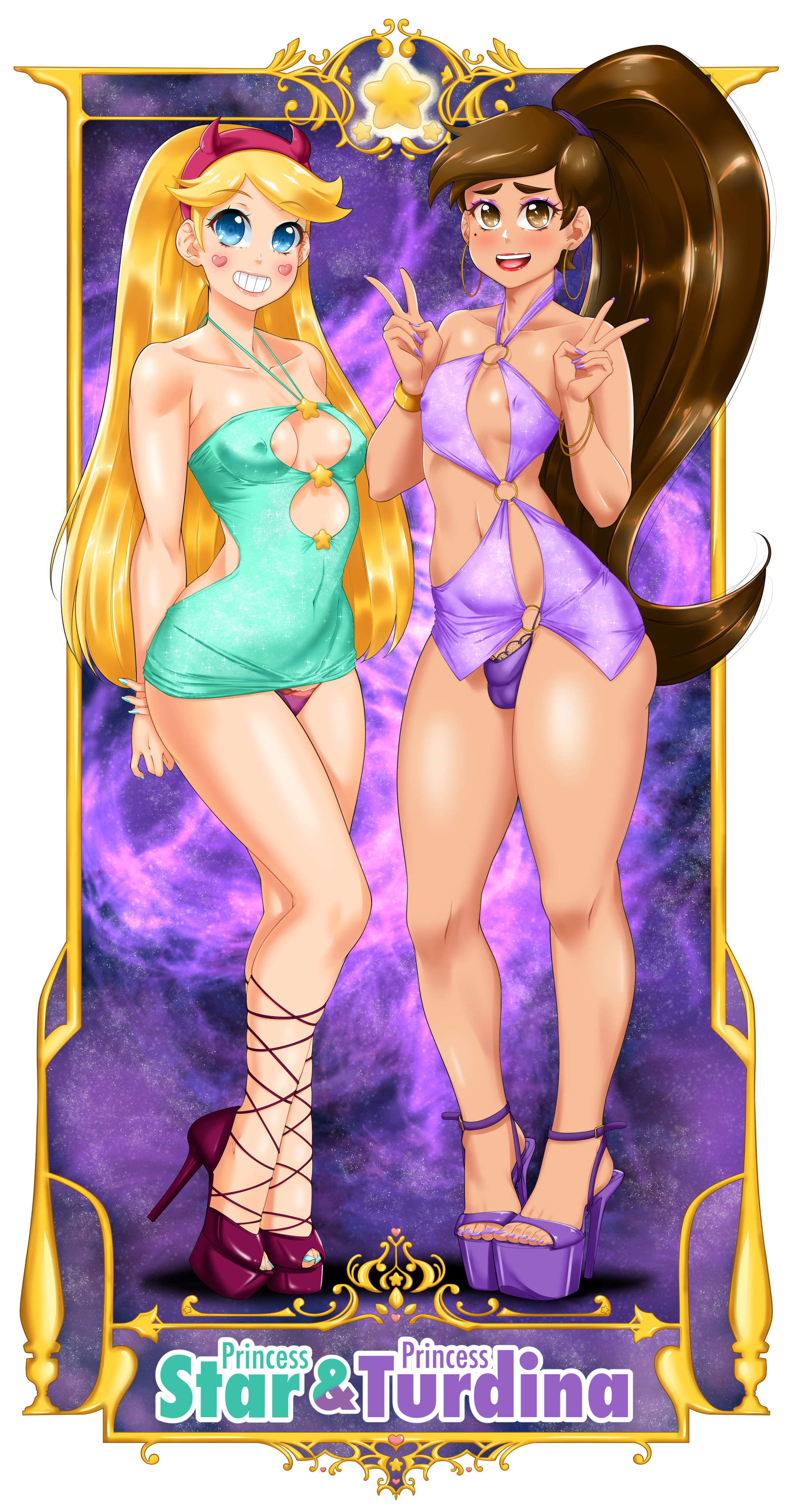 1boy, 1femboy, 1girls, absurd res, areolae, armwear, beauty mark, blonde hair, blue dress, blue eyes, blue eyeshadow, blue nail polish, blue nails, breasts, brown eyes, bulge, canon couple, canon crossdressing, cleavage, couple, crossdressing, dark skin, disney, disney channel, disney xd, double v, dress, earrings, erect nipples, eyelashes, eyeliner, eyeshadow, female, femboy, feminine male, flat chest, full body, girly, hair, headwear, heels, hi res, high heels, hoop earrings, hoop earrings oversized, human, latino, legs, light skin, light-skinned femboy, light-skinned male, lingerie, lips, lipstick, long hair, makeup, male, marco diaz, medium breasts, minidress, mole, mole under eye, nail polish, nails, nipples, nipples visible through clothing, panties, panty bulge, peace sign, penis, pink panties, platform heels, ponytail, princess marco, purple dress, purple eyeshadow, purple nail polish, purple nails, purple panties, red lips, red lipstick, short dress, sissy, skimpy, skimpy dress, small breasts, small penis, smile, star butterfly, star vs the forces of evil, suiren ciao, teeth, thighs, thong, tight clothing, tiny penis, trap, v sign, very long hair, white female, wide hips