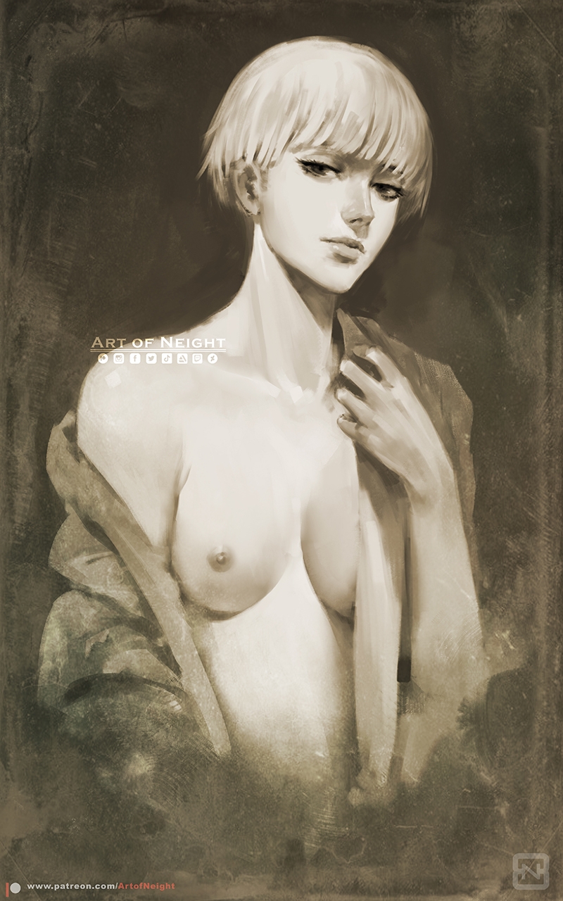 1girls, areolae, attack on titan, blonde hair, bob cut, breasts, coat, female, looking at viewer, naked, naked coat, neight, nipples, open clothes, painting (artwork), shingeki no kyojin, short hair, solo, solo female, very short hair, yelena (shingeki no kyojin)