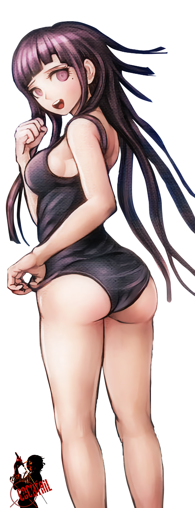 1girls, ass, ass cheeks, back view, bangs, big ass, big butt, breasts, clenched hand, cocktail, color, danganronpa, danganronpa 2: goodbye despair, female, female focus, happy, long hair, medium breasts, mole under eye, official art, open smile, png, school swimsuit, side view, sideboob, smile, solo, solo female, solo focus, straight hair, thighs, tight fit, transparent background, tsumiki mikan