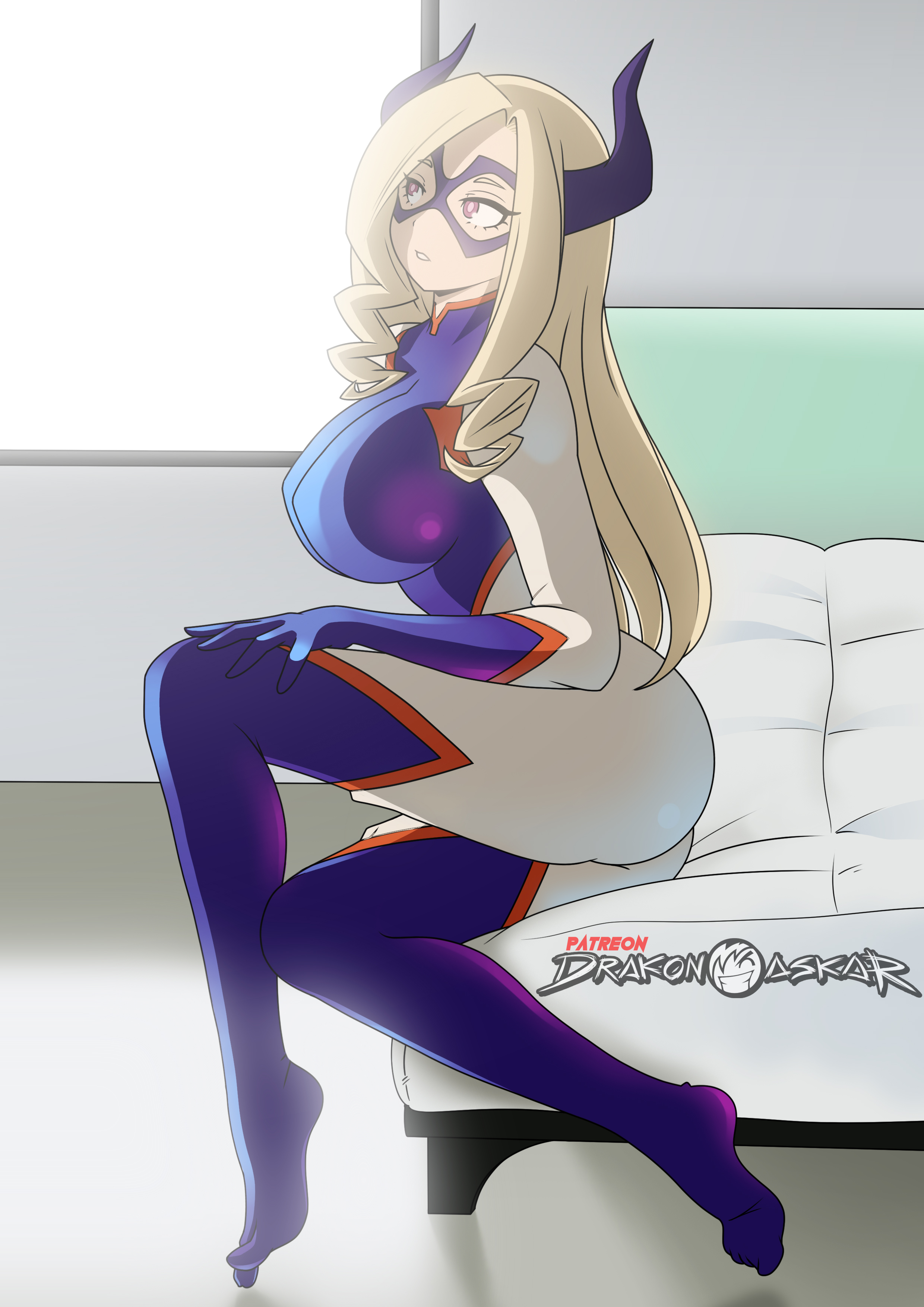 ass, bed, bedroom, big ass, big breasts, big butt, blonde hair, breasts, drakonaskar, female, hero, huge breasts, large breasts, latex, mount lady, my hero academia, patreon, thick thighs, tight clothing, uniform, yuu takeyama
