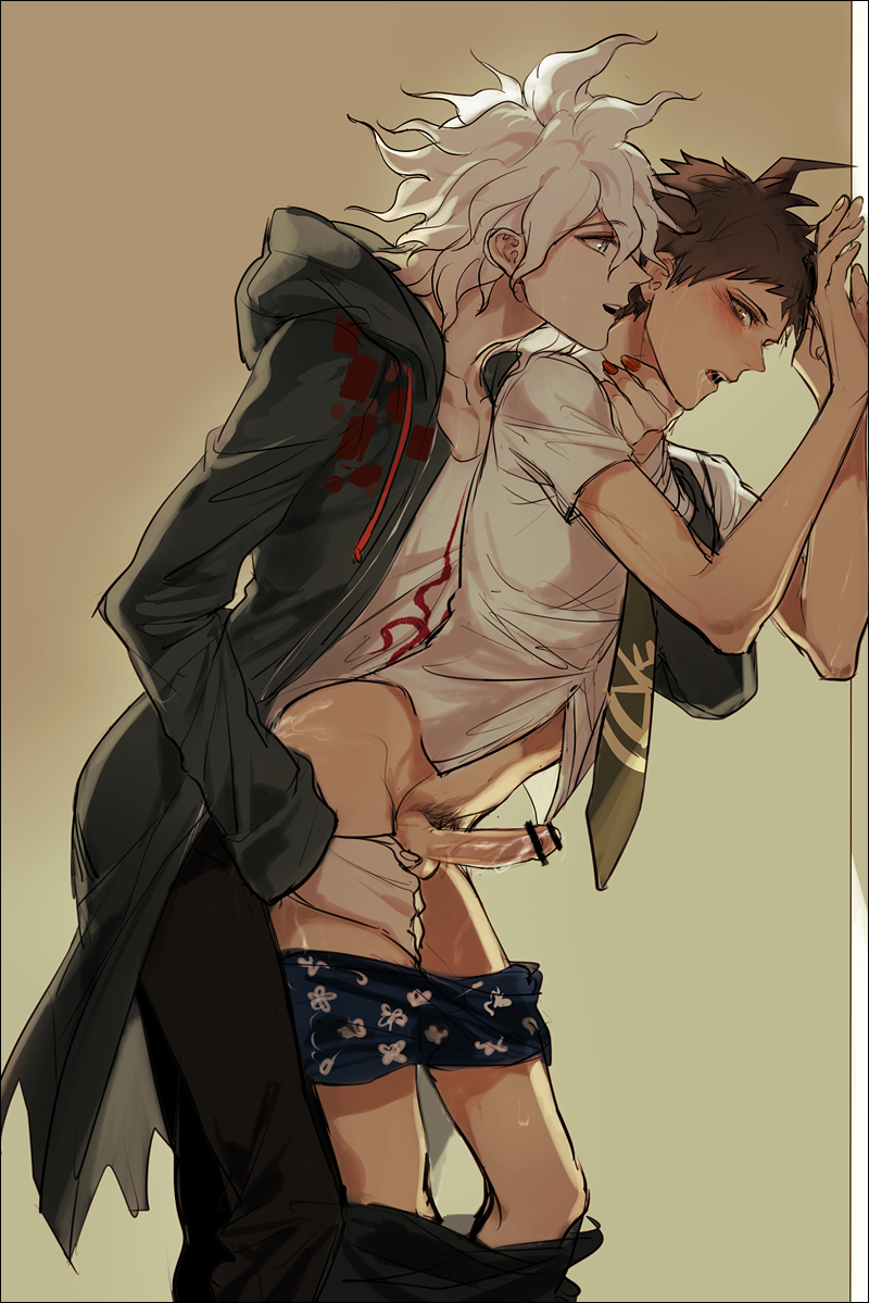 2boys, anal, choking, clothed sex, color, danganronpa, danganronpa 2: goodbye despair, gay, hinata hajime, leaking, leaking precum, male, male only, male/male, nagito komaeda, painted nails, standing sex, straight hair, wet, yaoi