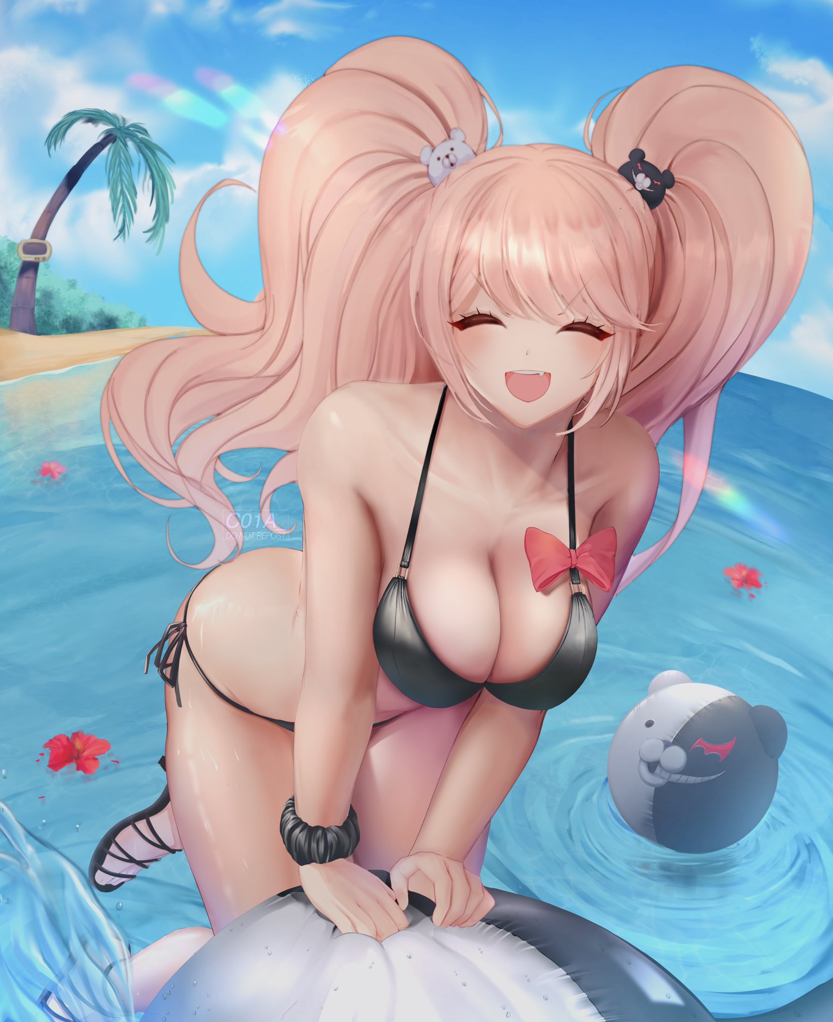 1girls, beach, beach ball, big breasts, bikini, black bikini, blonde hair, blue eyes, breasts, c01a , closed eyes, color, colored, cute, danganronpa, danganronpa s: ultimate summer camp, danganronpa: trigger happy havoc, female, female focus, female only, flower, gyaru, hi res, high resolution, highres, junko enoshima, light skin, light-skinned female, monokuma, ocean, oerba yun fang, open smile, open toe shoes, outdoors, outside, pink hair, pov, smile, solo, solo female, solo focus, straight hair, strawberry blonde hair, twintails, water, wet skin, wholesome