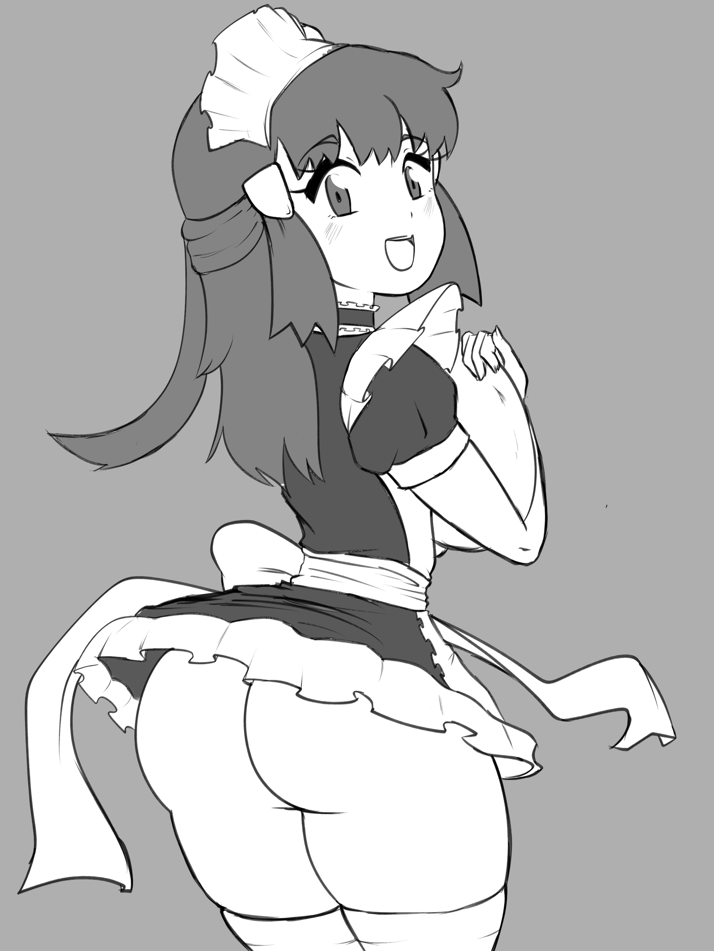 1girls, ass, big ass, bottomless, dawn (pokemon), eye contact, female, greyscale, long hair, looking at viewer, maid, maid uniform, monochrome, nintendo, pokemon, pokemon dppt, protoscene, solo, standing, thick thighs, thighhighs
