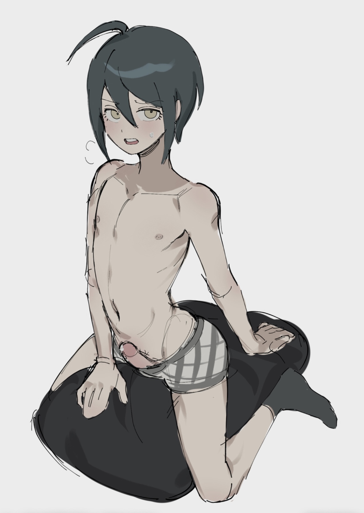 1boy, arched back, blush, boxers, color, danganronpa, danganronpa v3, laner18, looking at viewer, male, male focus, male only, on pillow, open mouth, penis, penis out, posing, precum, saihara shuuichi, socks, solo, solo focus, solo male, straight hair, underwear, white background