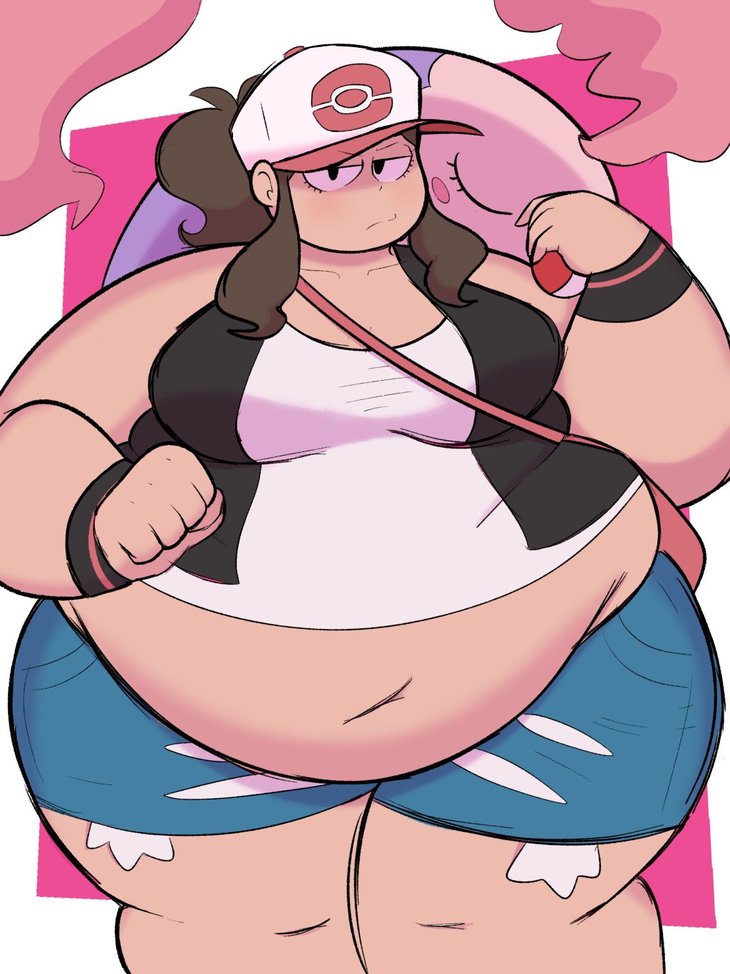 1girls alternate_breast_size enormous_belly fat game_freak hilda_(pokemon) huge_belly huge_breasts midnitemorty munna nintendo obese obese_female overweight overweight_female pokemon pokemon_bw solo_focus thick_thighs