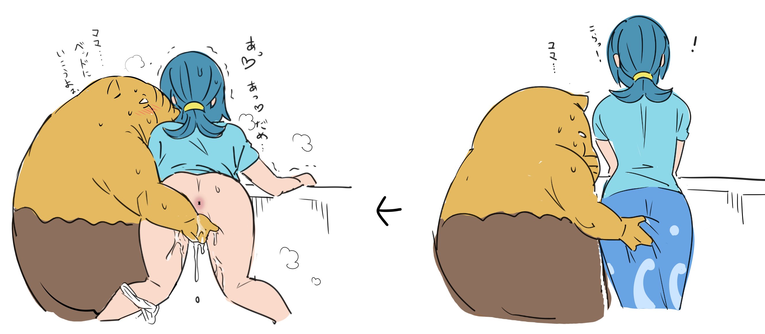 1boy, 1girls, 2021, anus, areolae, ass, ass grab, bare shoulders, batibatizekkyou, big ass, blue eyes, blue hair, blush, drowzee, female, fingering, freckles, hair ornament, huge ass, human, interspecies, japanese text, kandenki, lana's mother (pokemon), male, mature, mature female, milf, nintendo, pokémon (species), pokemon, pokemon (species), pokemon sm, pokephilia, pussy, pussy juice, shirt, size difference, skirt, sweat, sweatdrop, thick thighs, thighs, tied hair, white background