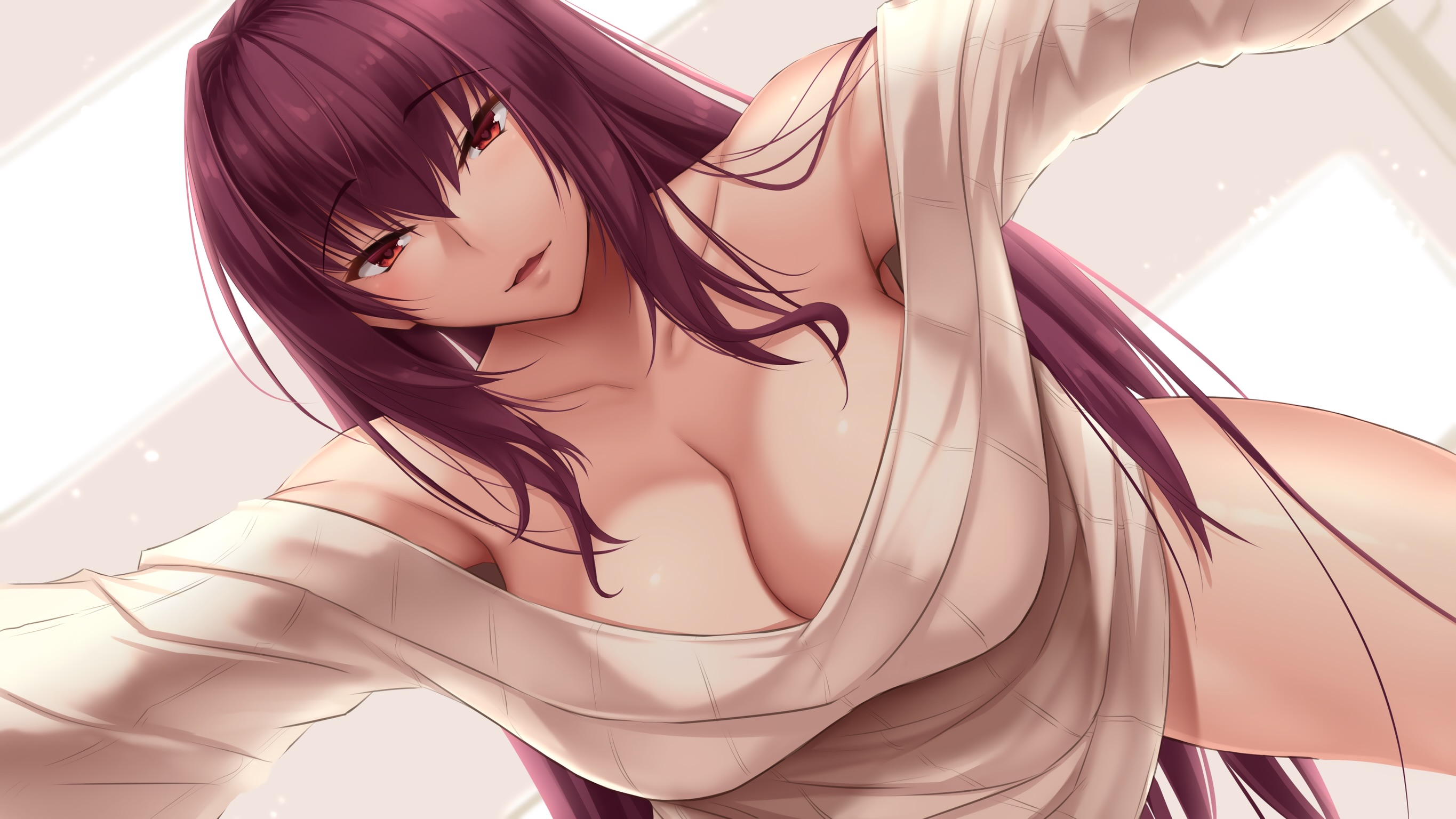 1girls, akitsuki karasu, bare shoulders, blush, breasts, cleavage, fate (series), fate/grand order, female, hair between eyes, indoors, long hair, loose clothes, open mouth, pov, scathach (fate), sweater, thighs