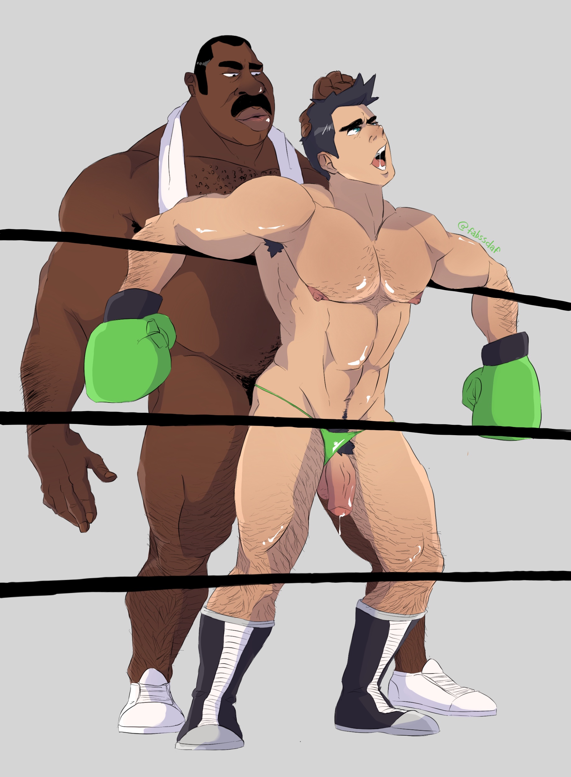 2boys, abs, age difference, anal penetration, anal sex, black hair, body hair, boxing gloves, boxing ring, dark skin, dark-skinned male, doc louis, erect nipples, fabssdaf, flaccid, flaccid while penetrated, foreskin, gay, green eyes, holding head, large penis, little mac, male, male only, muscular, muscular male, mustache, nintendo, nipples, nude, nude male, one eye closed, open mouth, partially retracted foreskin, pecs, penis, precum drip, punch-out!!, retracted foreskin, saliva, shoes, thong, thong aside, towel around neck, uncircumcised, uncut, veiny penis, video games, yaoi