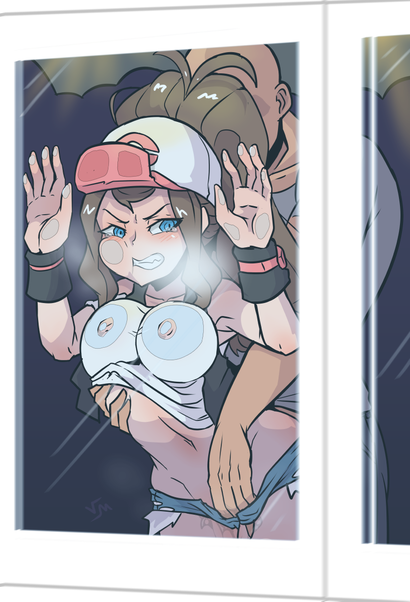 1boy, 1girls, against glass, alternate breast size, angry, armpits, arrogant, belly button, big breasts, blue eyes, breasts, brown hair, chikan, faceless male, female, genital fluids, gritted teeth, groping, hat, hilda (pokemon), large breasts, long hair, male, minishorts, molestation, nintendo, nipple bulge, pokemon, pokemon bw, pokemon protagonist, public, public nudity, public sex, questionable consent, rape, shirt lift, shorts, standing, tears, thick thighs, train, verymediocre