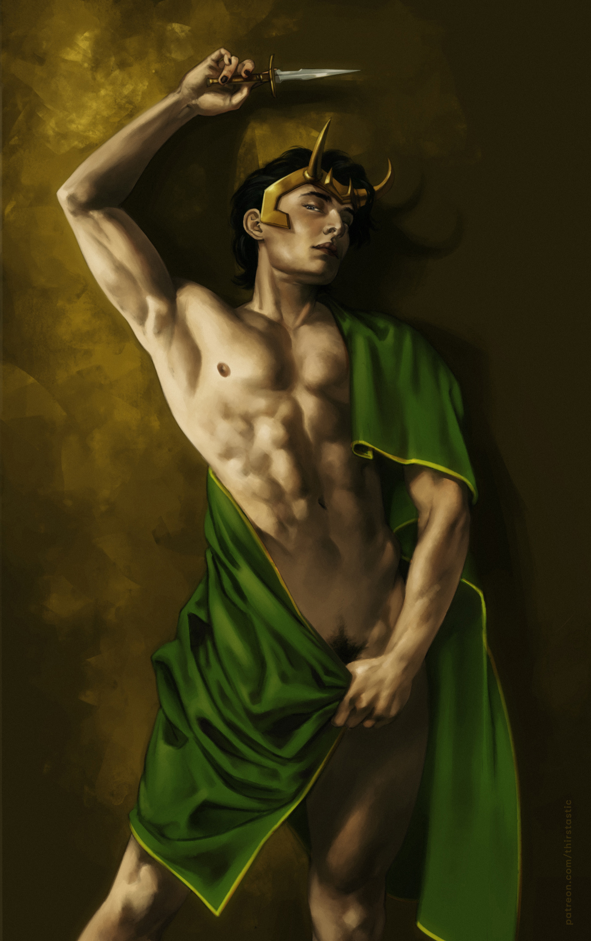 1boy, abs, blanket, dagger, dima ivanov, holding knife, human, human only, knife, light skin, loki (marvel), looking at viewer, male, male nipples, male only, marvel, marvel cinematic universe, marvel comics, muscular, muscular male, nipples, pubic hair, solo, thor (series)