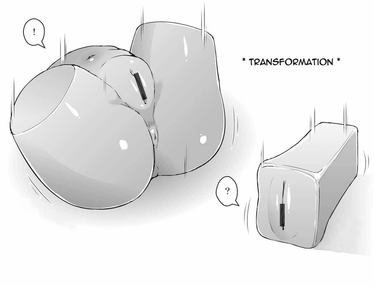 !, ?, ?!, ass only, censored, conjoined, fan no hitori, female, helpless, inanimate transformation, kazunto, onahole, onahole transformation, pussy, pussy creature, rectangular prism, sex toy, sex toy transformation, text, transformation, vagina