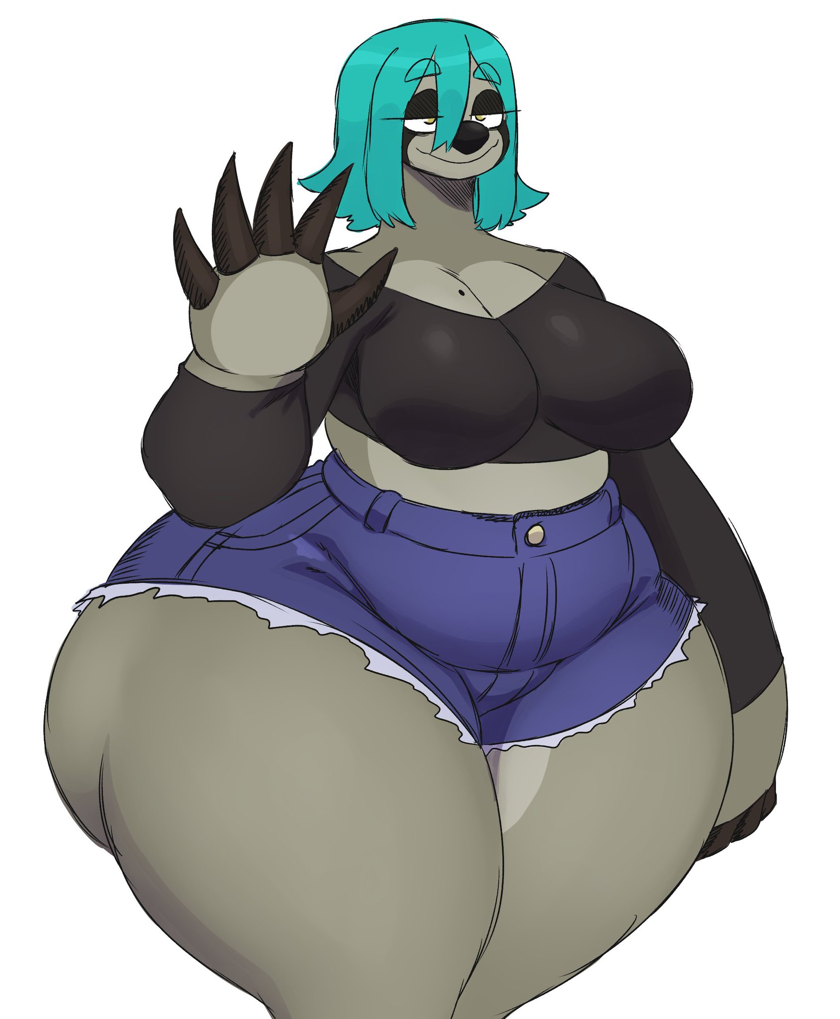 beauty mark, big breasts, breasts, female, fur, huge thighs, nella (sssonic2), shorts, slightly chubby, sloth, sssonic2, thick thighs, wide hips