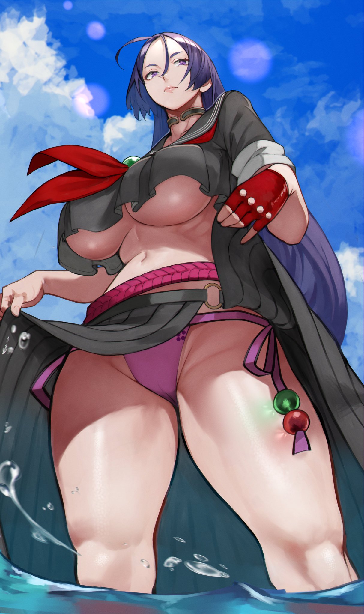 1girls, big breasts, breasts, fate (series), fate/grand order, female, female focus, female only, flashing, flashing panties, from below, huge breasts, large breasts, long hair, minamoto no raikou (fate/grand order), muscular, muscular thighs, purple hair, red gloves, small waist, solo, solo female, solo focus, standing in water, thick thighs, underboob, upskirt, water, yoshi55level
