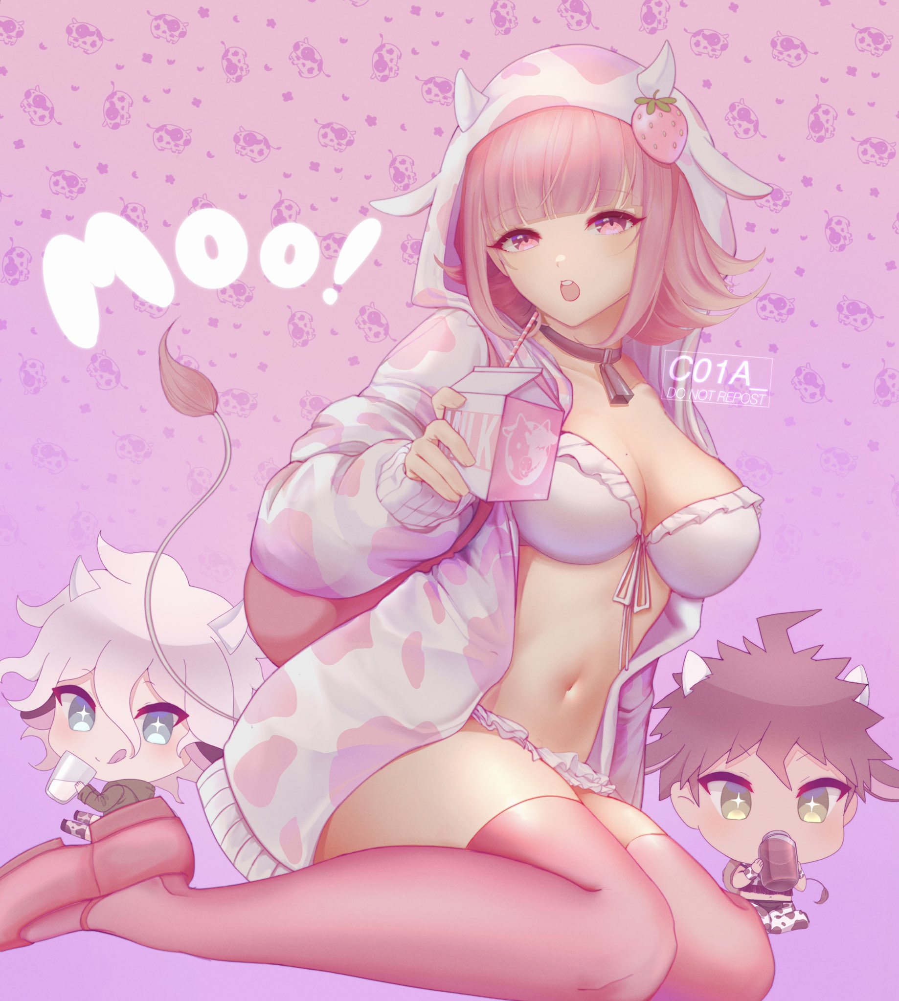 :o, breasts, c01a , cleavage, color, colored, cow ears, cow girl, cow horns, cow print, cow tail, danganronpa, danganronpa 2: goodbye despair, female, female focus, hi res, high resolution, highres, light skin, light-skinned female, looking at viewer, milk, mole on breast, nanami chiaki, navel, pink background, pink eyes, pink hair, pose, sitting, straight hair, text, thick thighs, thighhighs, wariza