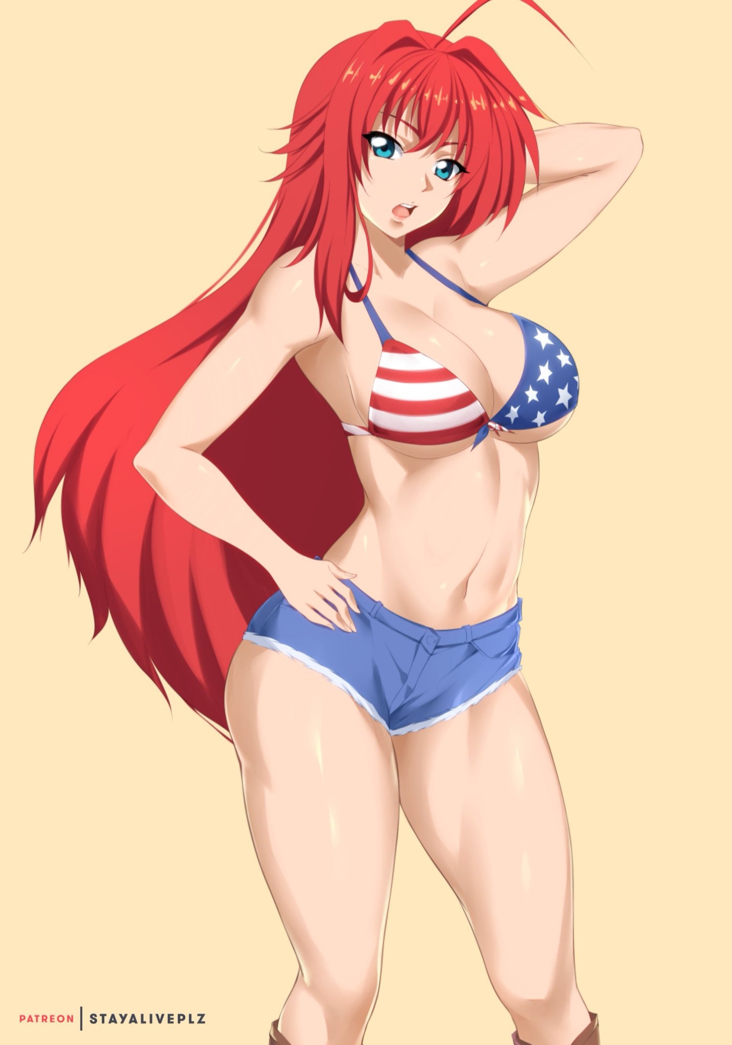 1girls, 2020s, 2021, american flag, american flag bikini, arm behind head, arm up, armpits, arms behind back, big breasts, bikini top, blue bottomwear, blue eyes, boots, breasts, denim shorts, female, female only, flag bikini, hand behind head, hand on hip, hand on own hip, high school dxd, long hair, open mouth, patreon, red hair, rias gremory, seductive, shiny hair, shiny skin, shorts, simple background, solo, solo female, stayaliveplz, tomboy