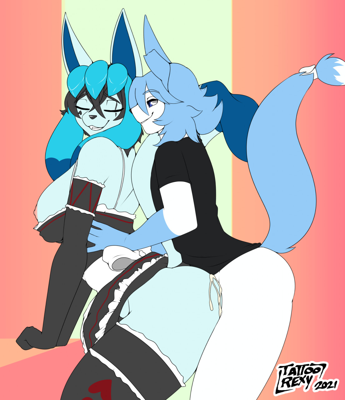 age difference, ambiguous penetration, anthro, anthro on anthro, black hair, blue eyes, blue fur, blue hair, breasts, closed eyes, clothed, clothing, cum, cum inside, fan character, fangs, female, female penetrated, from behind, from behind position, genital fluids, glaceon, incest, maid, maid uniform, male, male penetrating, male penetrating female, male/female, mature female, milf, nintendo, nipples, older female, open mouth, open smile, orgasm, orgasm face, partially clothed, penetration, pleasure face, pokémon (species), pokemon, pokemon (species), sex, simple background, smile, sylveon, tattoorexy, technical incest, tongue, two-tone fur, two-tone hair, white fur, white hair, young, younger male