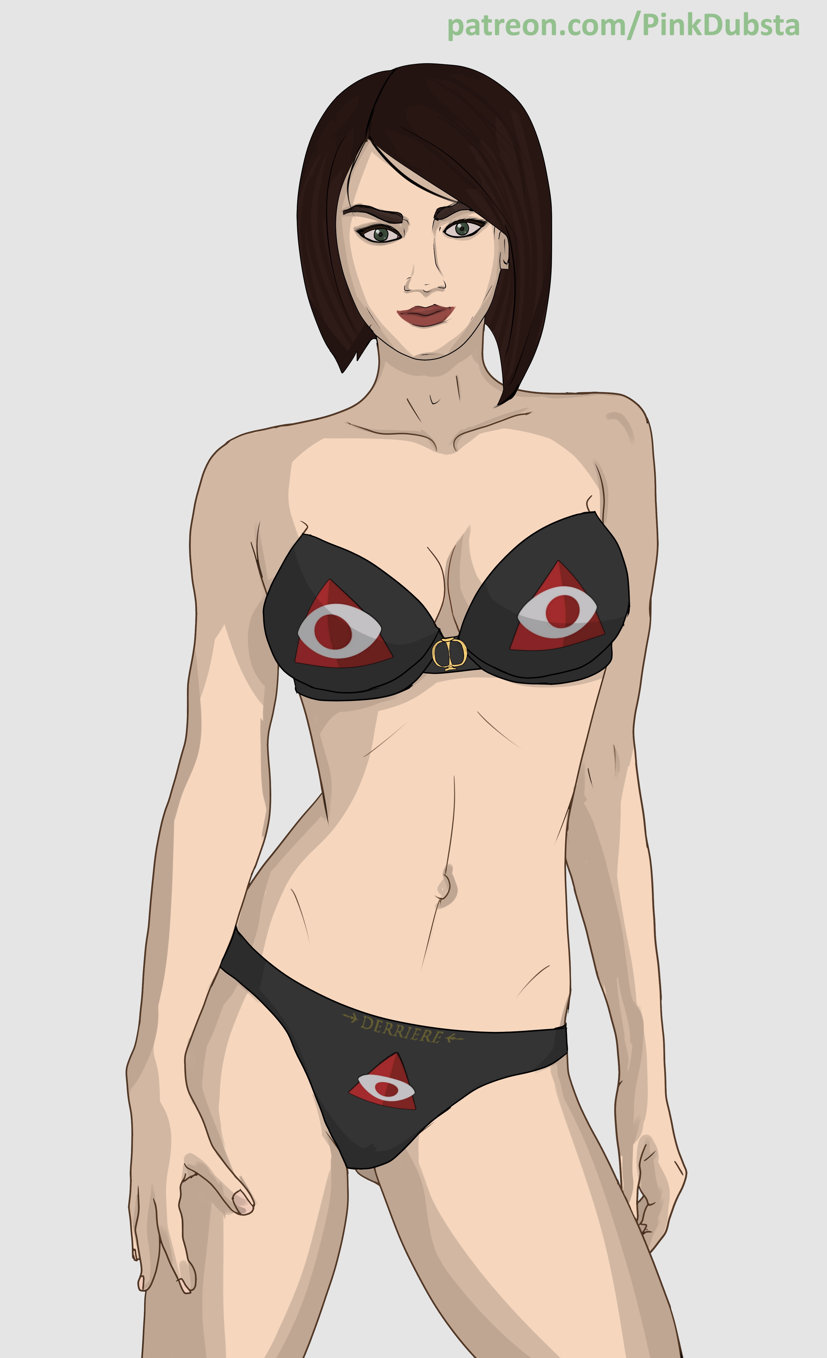 1girls, assistant, brown hair, ceo executive assistant, female, female only, grand theft auto, grand theft auto online, grand theft auto v, green eyes, light skin, lipstick, looking at viewer, pink dubsta, solo, underwear, underwear only