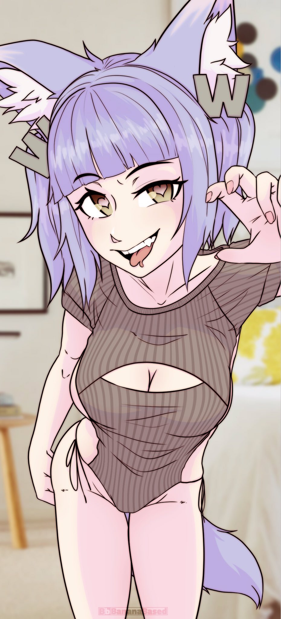 2021 bananabased boob_window fanart hair heart-shaped_pupils indie_virtual_youtuber letter_hair_ornament pink_fingernails pink_nails purple_hair suggestive sweater thick_thighs tongue tongue_out twintails virtual_youtuber vtuber wolf wolf_ears wolf_girl wolf_tail woohoolad