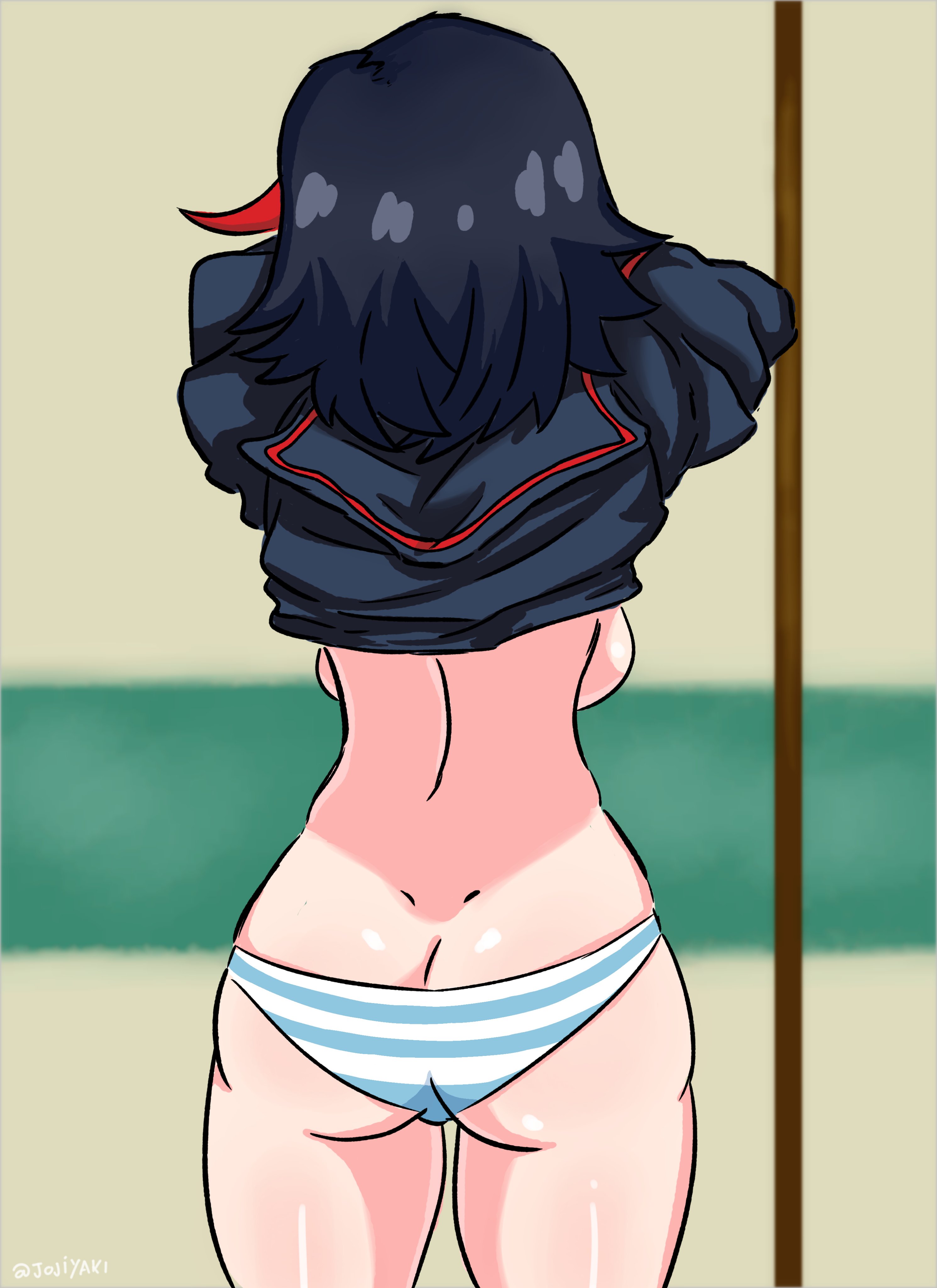 1girls, ass, ass cleavage, ass crack, big ass, breasts, bubble ass, bubble butt, butt crack, canonical scene, female, female only, jojiyaki, kill la kill, light skin, light-skinned female, matoi ryuuko, meme, redraw, ryukoredraw, shimapan, studio trigger, underboob, underwear, undressing