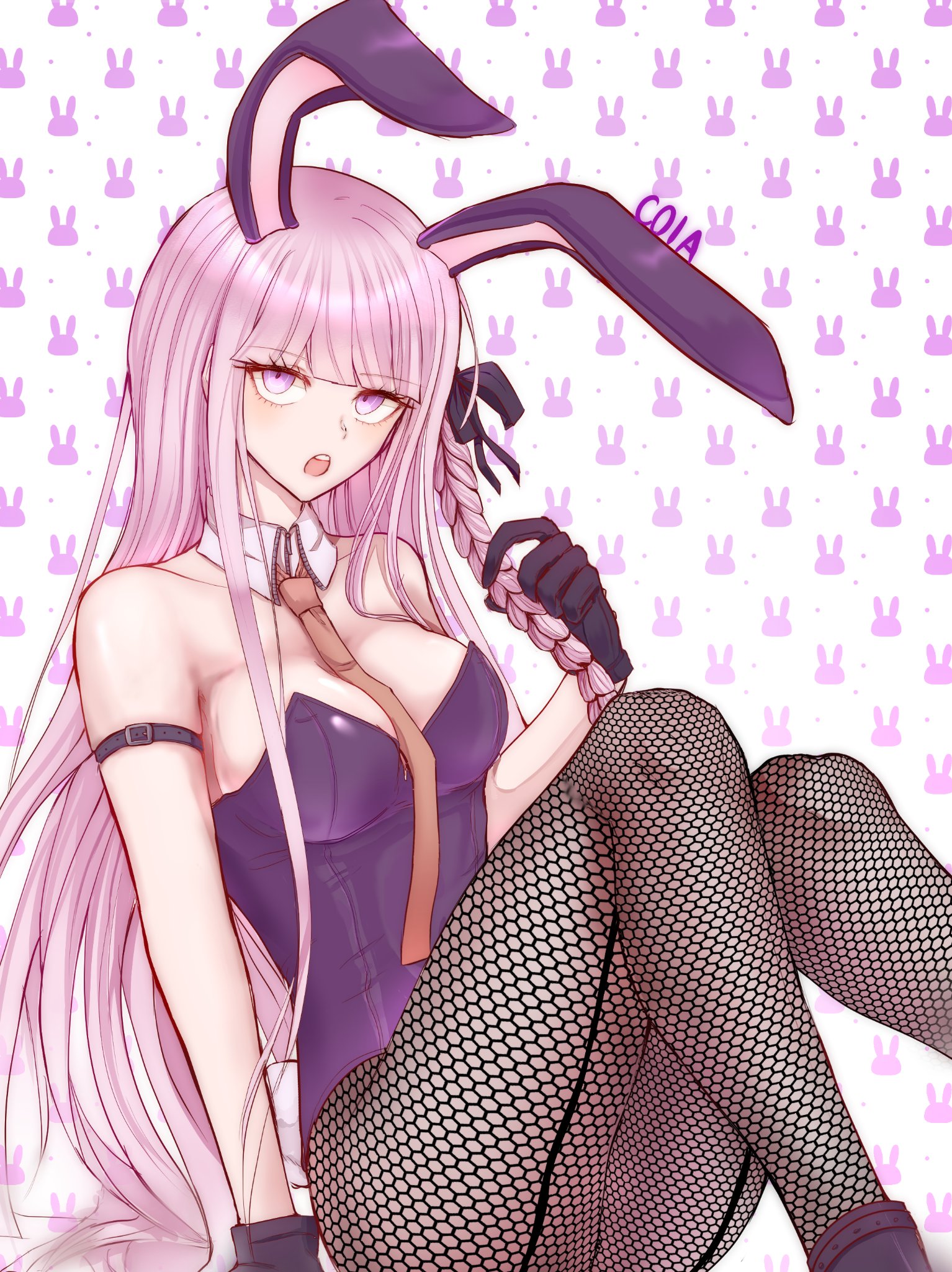 :o, 1girls, braid, bunny ears, bunnysuit, c01a , color, colored, danganronpa, danganronpa: trigger happy havoc, female, female focus, female only, fishnets, gloves, kirigiri kyoko, light skin, light-skinned female, looking at viewer, pale skin, pale-skinned female, pink hair, pose, purple eyes, smooth skin, solo, solo female, solo focus
