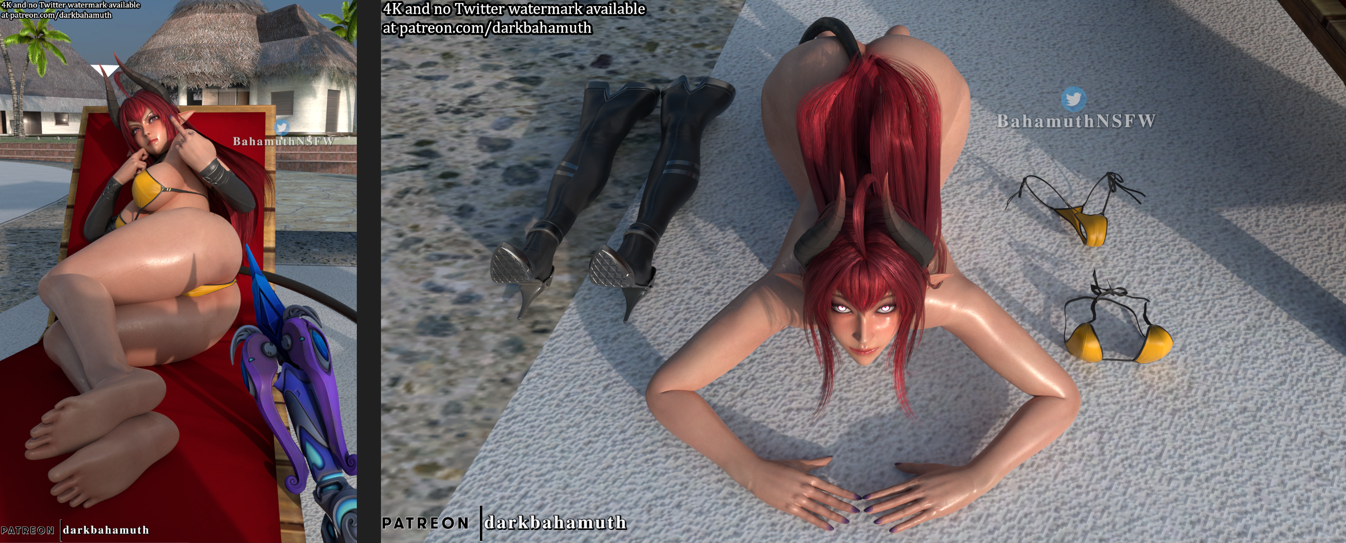 3d, 3d (artwork), blender, daemon girl, darkbahamuth, demon, demon tail, dogeza, female, horns, middle finger, nude, original character, sinia, succubus, succubus horns, succubus tail