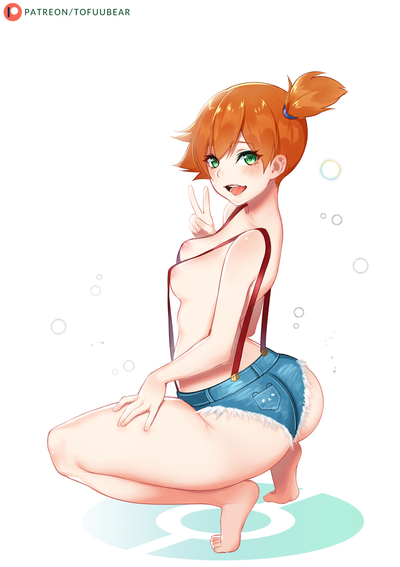 1girls, areolae, ass, back, blush, breasts, bubbles, cleavage, clothed, denim, denim shorts, eyelashes, feet, female, female only, from behind, hand on leg, huge ass, human, human only, kasumi (pokemon), large ass, looking at viewer, looking back, misty (pokemon), nintendo, nipples, open mouth, orange hair, pokemon, pokemon rgby, revealing clothes, short hair, shorts, side ponytail, side view, sideboob, smile, soles, solo, solo female, squatting, suspenders, teeth, text, toes, tofuubear, tongue, topless, url, v, watermark, white background