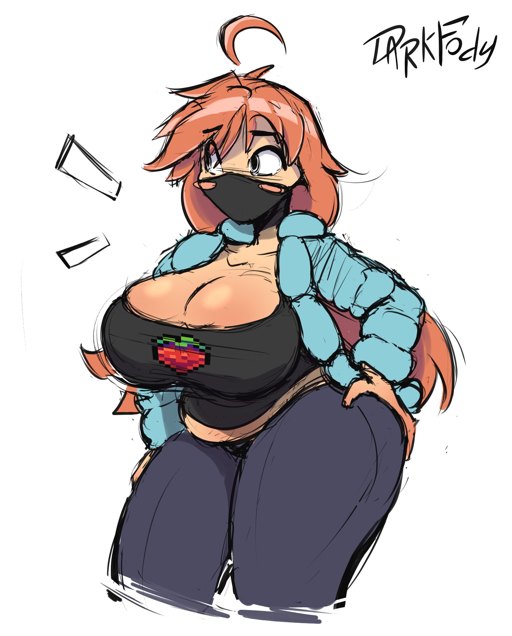 1girls, blue jacket, breasts, celeste (game), cleavage, female, female only, hands on thighs, huge breasts, leggings, long hair, looking away, madeline (celeste), mask, open jacket, red hair, the dark fody, thick thighs, trans woman, transfem, transgender, wide hips
