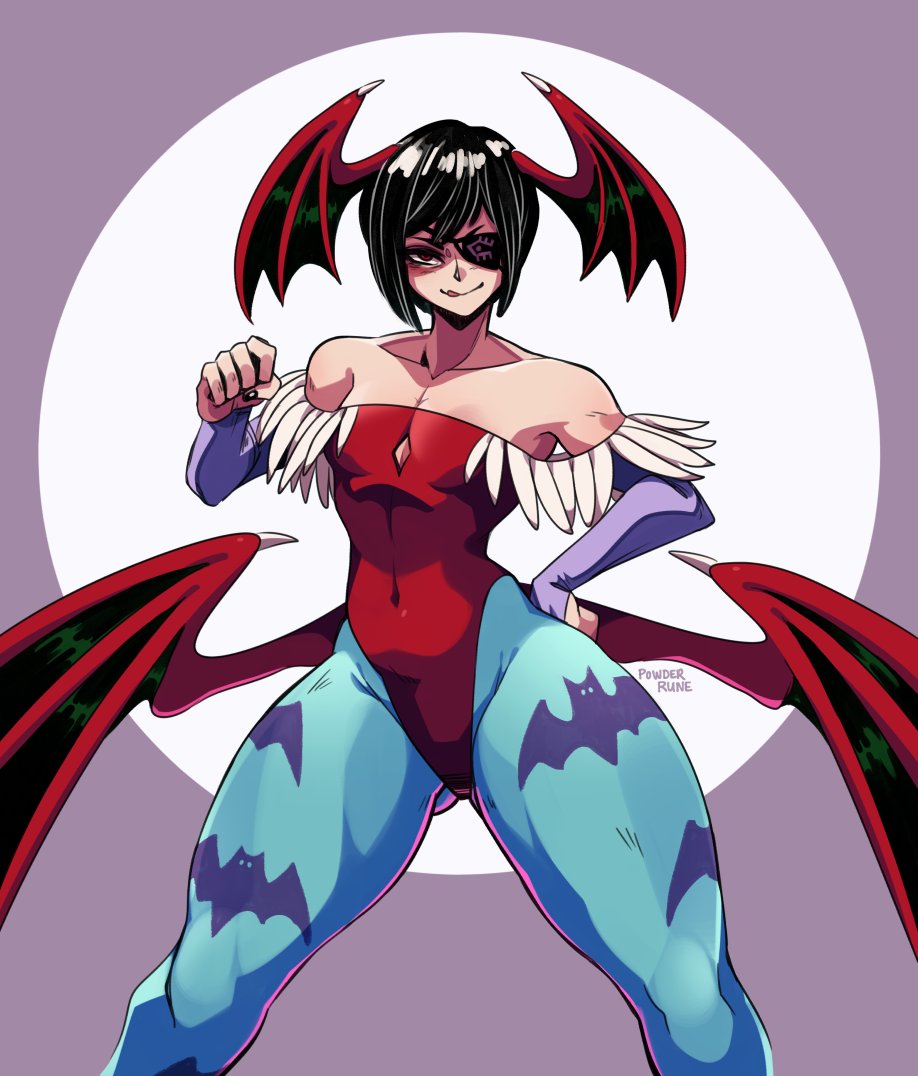 1girls bare_shoulders bat_print black_hair blue_pantyhose capcom clothing cosplay darkstalkers demon_wings eye_patch eyepatch female female_only flat_chest hand_on_hip head_wings juri_han leotard licking_lips lilith_aensland_(cosplay) looking_at_viewer medium_hair narrowed_eyes pantyhose pose powderrune red_eyes smiling smiling_at_viewer solo solo_female street_fighter thick_thighs toned toned_female wings