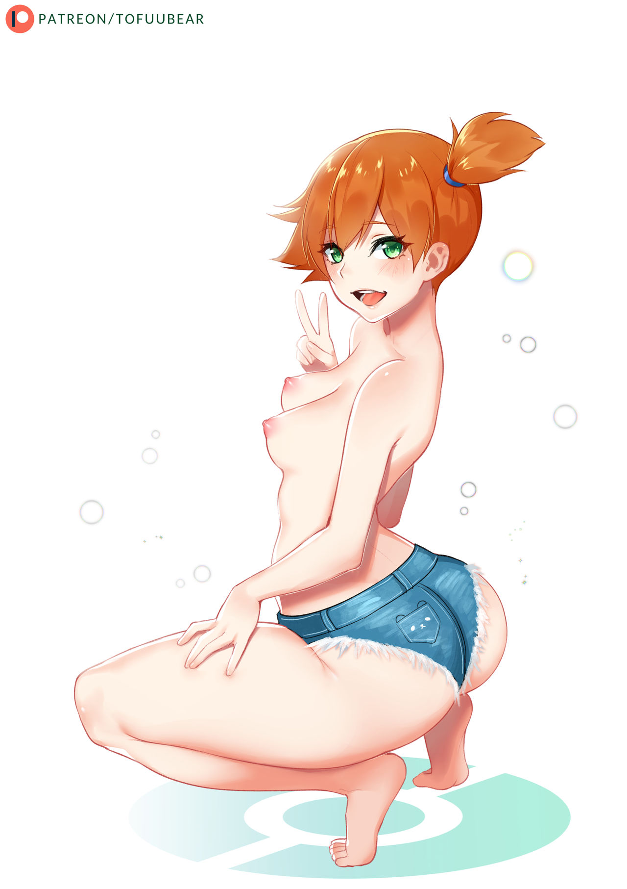 1girls, areolae, ass, back, blush, breasts, bubbles, cleavage, clothed, denim, denim shorts, eyelashes, feet, female, female only, from behind, hand on leg, higher resolution available, horny, huge ass, human, human only, kasumi (pokemon), large ass, looking at viewer, looking back, misty (pokemon), nintendo, nipples, open mouth, orange hair, pokemon, pokemon rgby, revealing clothes, short hair, shorts, side ponytail, side view, sideboob, smile, soles, solo, solo female, squatting, teeth, text, toes, tofuubear, tongue, topless, url, v, watermark, white background