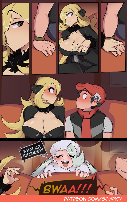 1boy, 2girls, alternate breast size, blonde hair, blush, breasts, cleavage, clothing, comic, cynthia (pokemon), dialogue, english text, female, huge breasts, human, lucas (pokemon), male, melony (pokemon), nintendo, pokemon, pokemon dppt, pokemon ss, schpicy, size difference, text, thick thighs