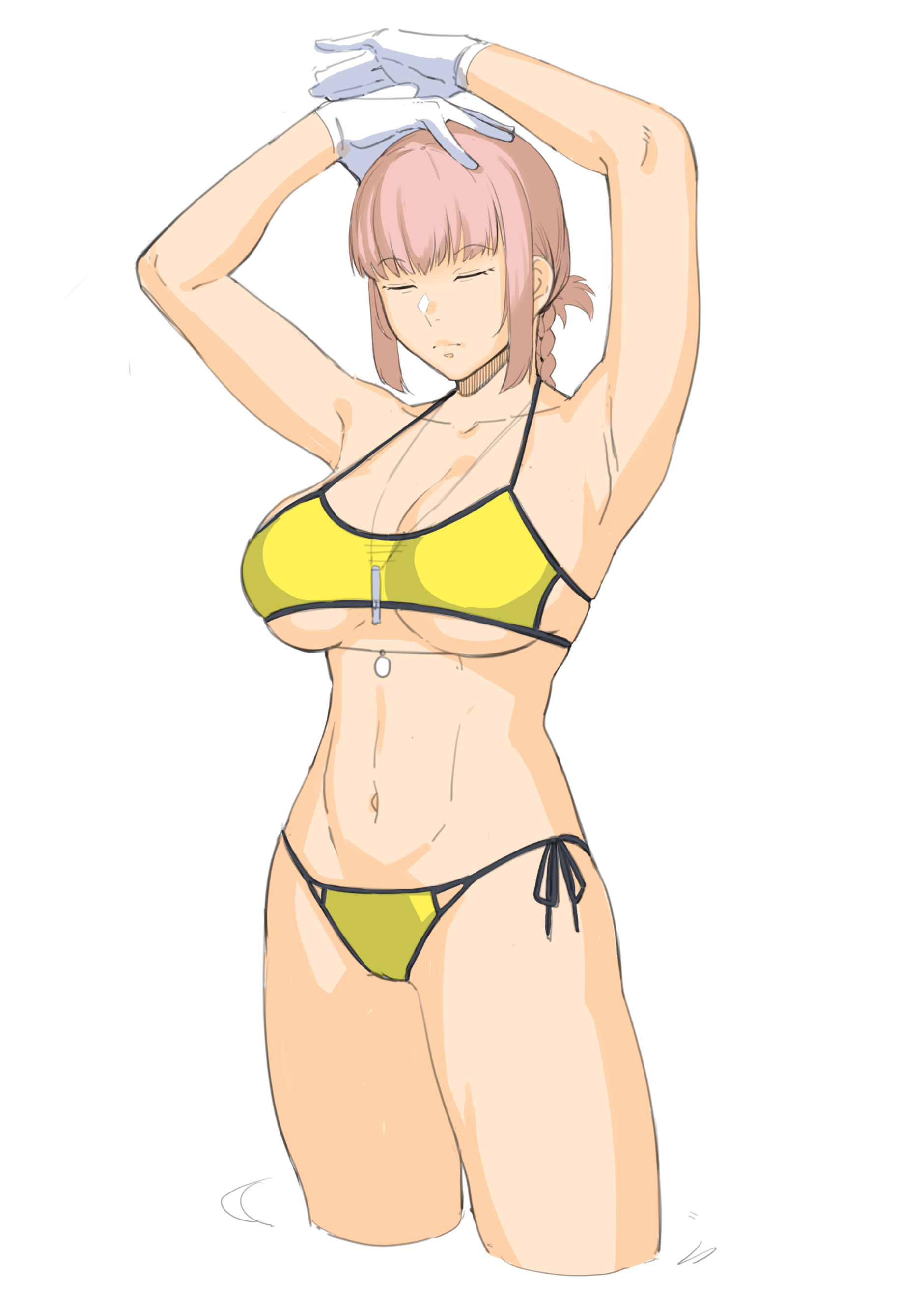 1girls, 2021, abs, armpit, armpits, arms above head, arms up, belly, bikini, bikini bottom, bikini top, braid, breasts, closed eyes, closed mouth, collarbone, covered nipples, covered pussy, dyun, fate (series), female, female focus, female only, florence nightingale (chaldea lifesavers) (fate), florence nightingale (fate), gloves, hand on head, hand on own head, hands above head, mouth closed, navel, pink hair, pussy, short hair, simple background, solo, solo female, solo focus, standing, underboob, white background, white gloves, yellow bikini, yellow bikini bottom, yellow bikini top