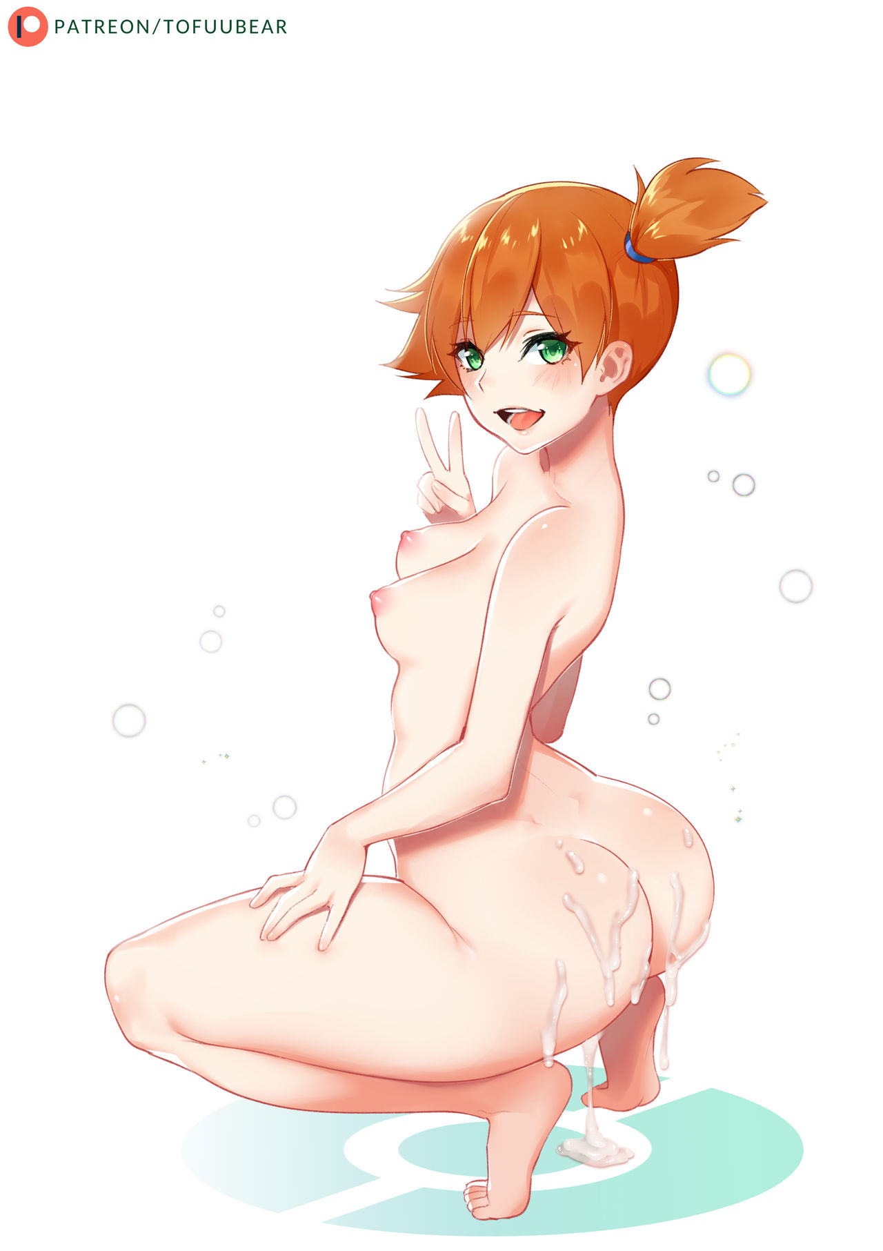 1girls, alternate version available, ass, big areola, breasts, cum, cum on ass, erect nipples, female, female only, green eyes, higher resolution available, huge ass, human, human only, kasumi (pokemon), large ass, misty (pokemon), nintendo, nipples, orange hair, pokemon, pokemon rgby, puffy nipples, short hair, small breasts, solo, solo female, squatting, tofuubear, v, wet, wide hips