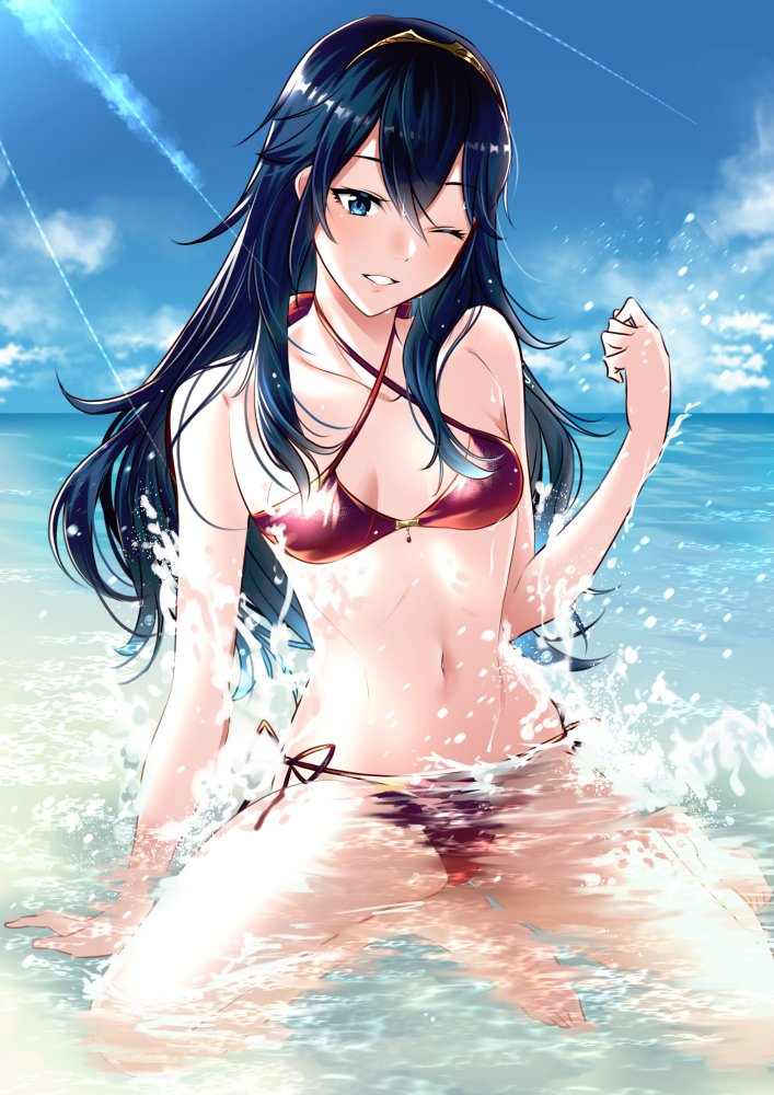 1girls, alternate costume, ameno (a meno0), bangs, beach, bikini, blue eyes, blue hair, blue sky, breasts, cloud, collarbone, day, female, fire emblem, fire emblem awakening, halterneck, light rays, long hair, lucina (fire emblem), navel, nintendo, one eye closed, parted lips, partially submerged, red bikini, red swimsuit, sand, side-tie bikini, sky, small breasts, solo, solo female, splashing, squatting, sunbeam, sunlight, swimsuit, tiara, water