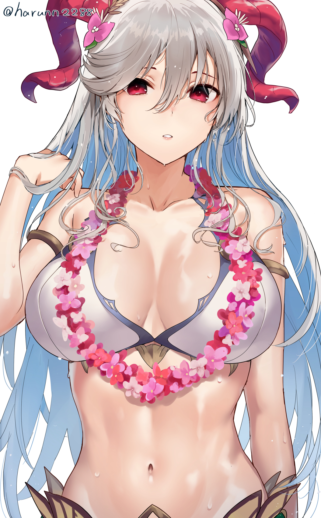 1girls, alternate costume, bare shoulders, bikini, blue hair, breasts, curled horns, female, fire emblem, fire emblem heroes, flower, flower necklace, freyja (fire emblem), goat horns, grey hair, hair between eyes, haru (nakajou-28), highres, horns, jewelry, large breasts, long hair, looking at viewer, multicolored hair, navel, necklace, nintendo, official alternate costume, red eyes, red horns, simple background, solo, solo female, stomach, swimsuit, twitter username, two-tone hair, upper body, very long hair, wet, white background, white bikini, white swimsuit