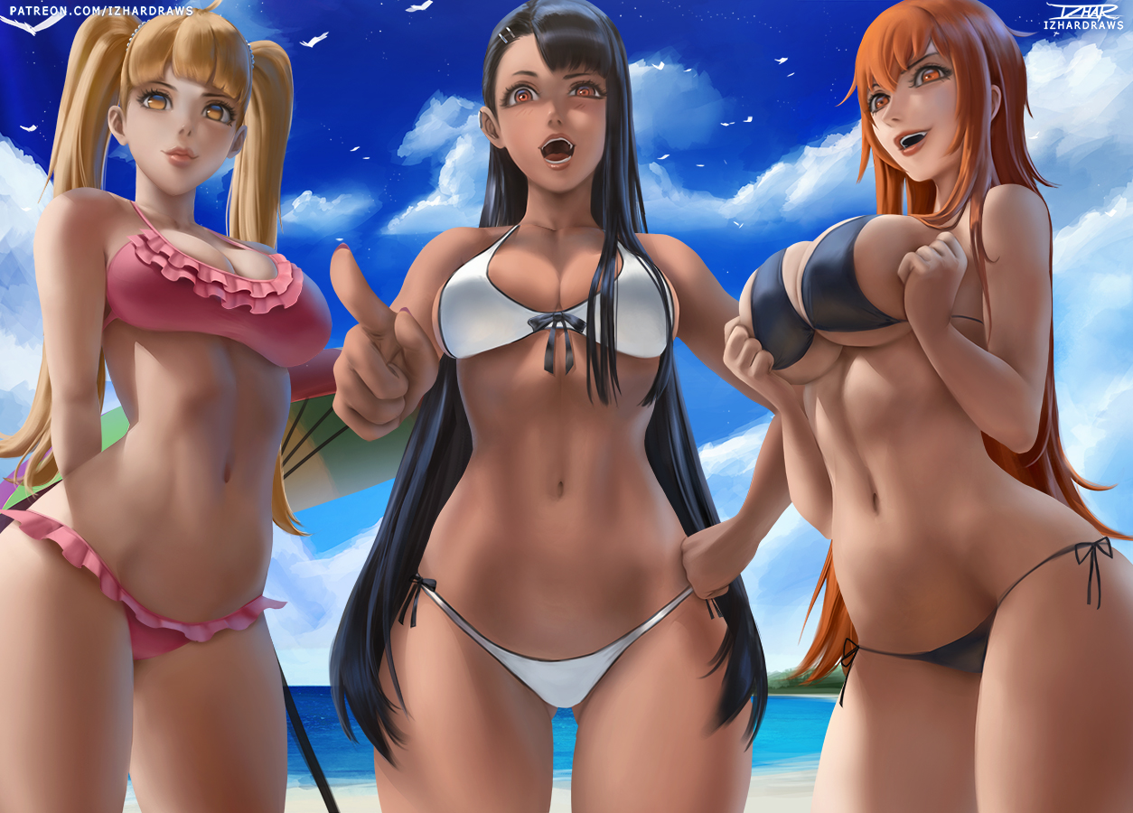 3girls, aged up, amber eyes, beach, big breasts, bikini, black hair, blonde hair, blush, breasts, brown eyes, cleavage, curvy, female, female focus, female only, gamo-chan, hayase nagatoro, hi res, izhardraws, long hair, looking at viewer, medium hair, navel, open mouth, orange eyes, orange hair, please don't bully me, nagatoro, pointing at viewer, pose, seaside, tanned skin, twintails, watermark, wide hips, yoshi (nagatoro)