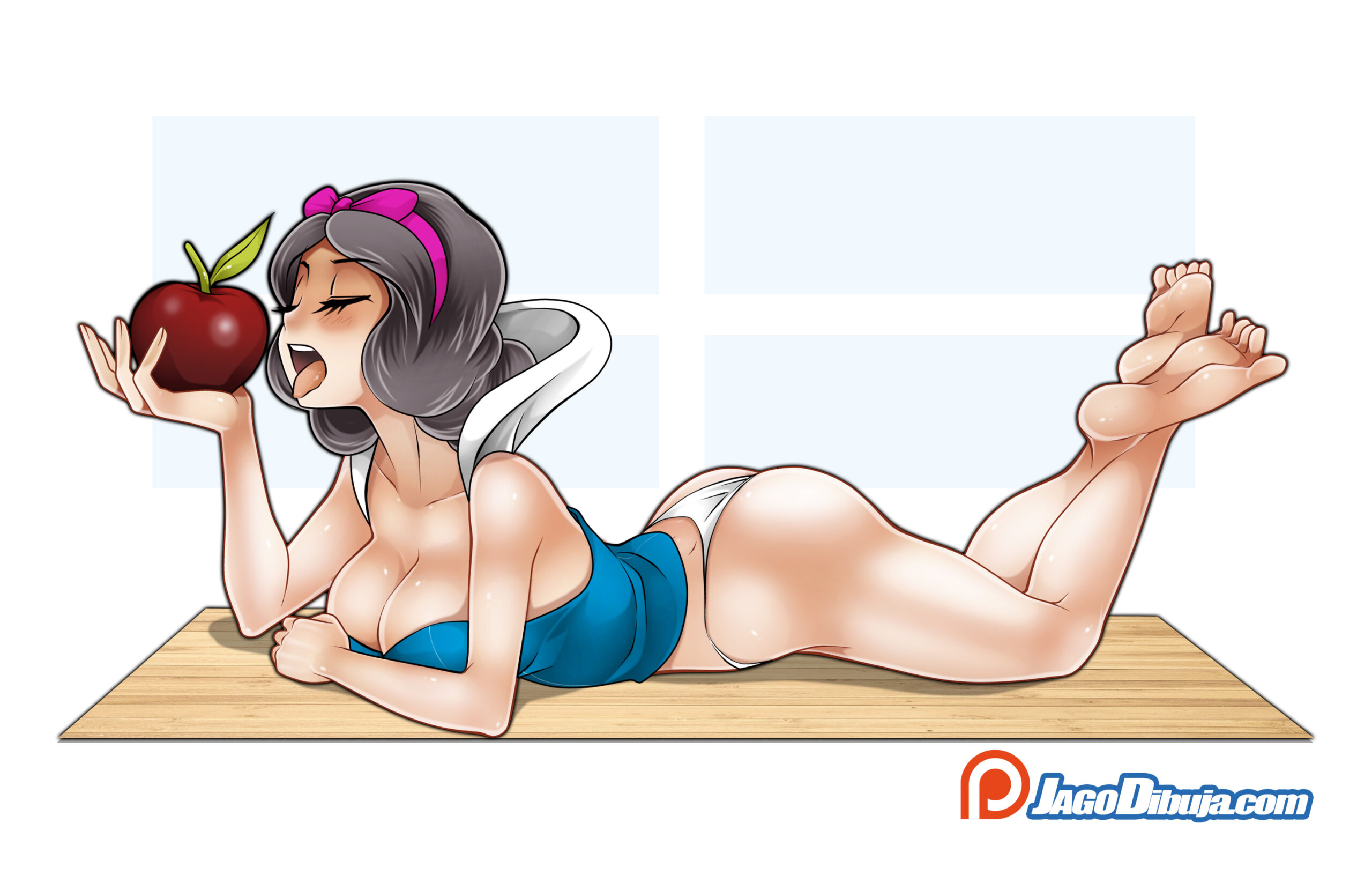 1girls, apple, ass, barefoot, black hair, blush, breasts, bubble ass, bubble butt, closed eyes, disney, disney princess, female, female only, hair ribbon, holding apple, jago dibuja, large breasts, lying on stomach, open mouth, royalty, snow white (disney), snow white and the seven dwarfs (1937 film), underwear