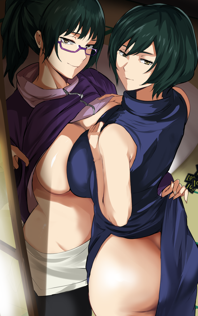 2girls big_ass big_breasts breast_press breasts_against_breasts breasts_out cafekun dress_shirt female female_focus female_only glasses green_hair jujutsu_kaisen long_hair looking_at_viewer multiple_girls shirt_lift short_hair sisters smiling smiling_at_viewer smirk twin_sisters zenin_mai zenin_maki