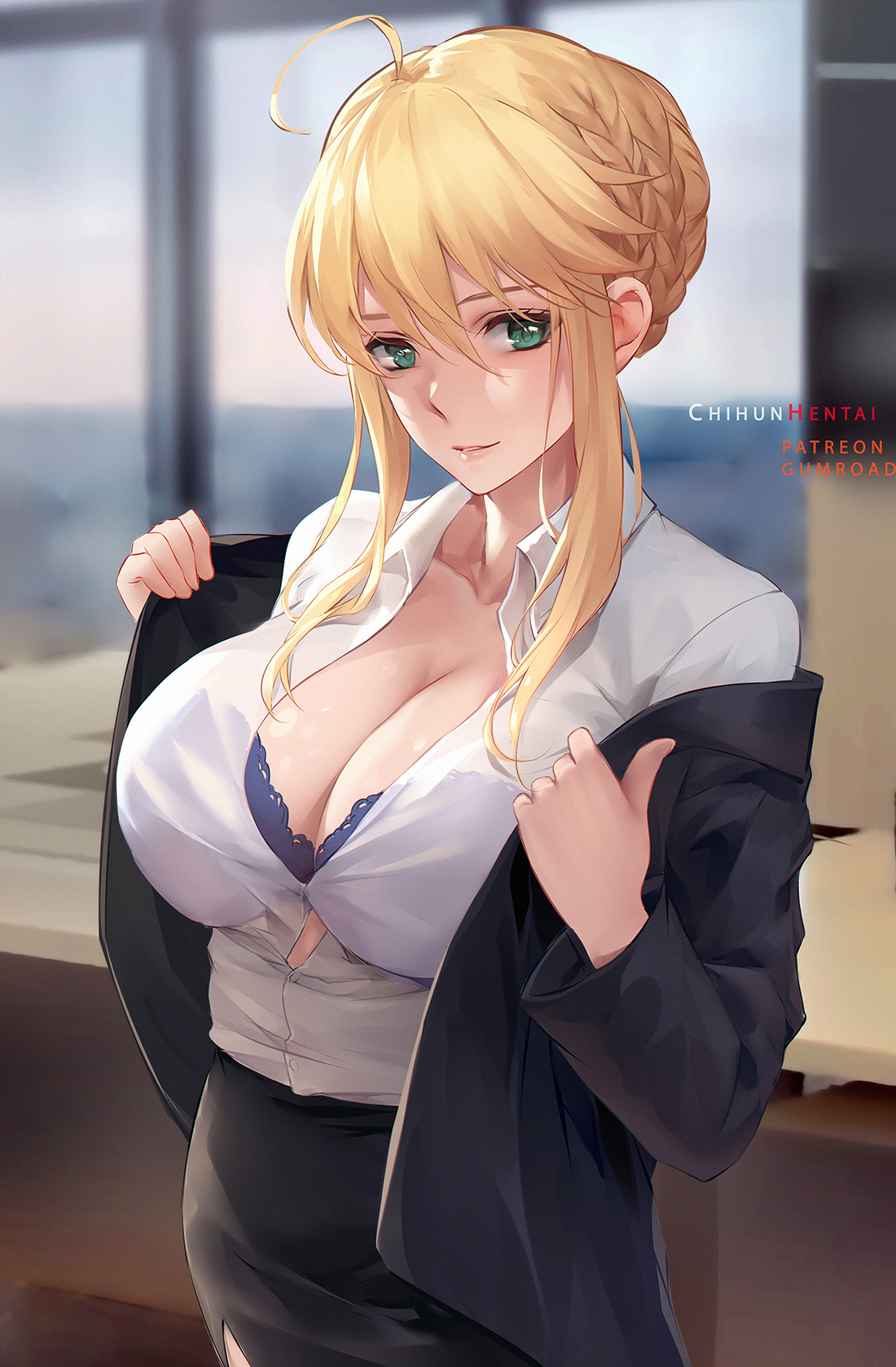 1girls, ahoge, artist name, artoria pendragon, artoria pendragon (lancer), big breasts, black jacket, black skirt, blonde hair, blue bra, bra, bra cups sticking out, braid, breasts, business suit, chihunhentai, cleavage, collarbone, collared shirt, contemporary, dress shirt, fate (series), fate/grand order, female, female only, formal, french braid, green eyes, hair between eyes, highres, jacket, large breasts, long hair, long sleeves, looking at viewer, office lady, pencil skirt, shirt, short skirt, sidelocks, skirt, skirt suit, smile, solo, solo female, suit, unbothered, underwear, white shirt, wholesome