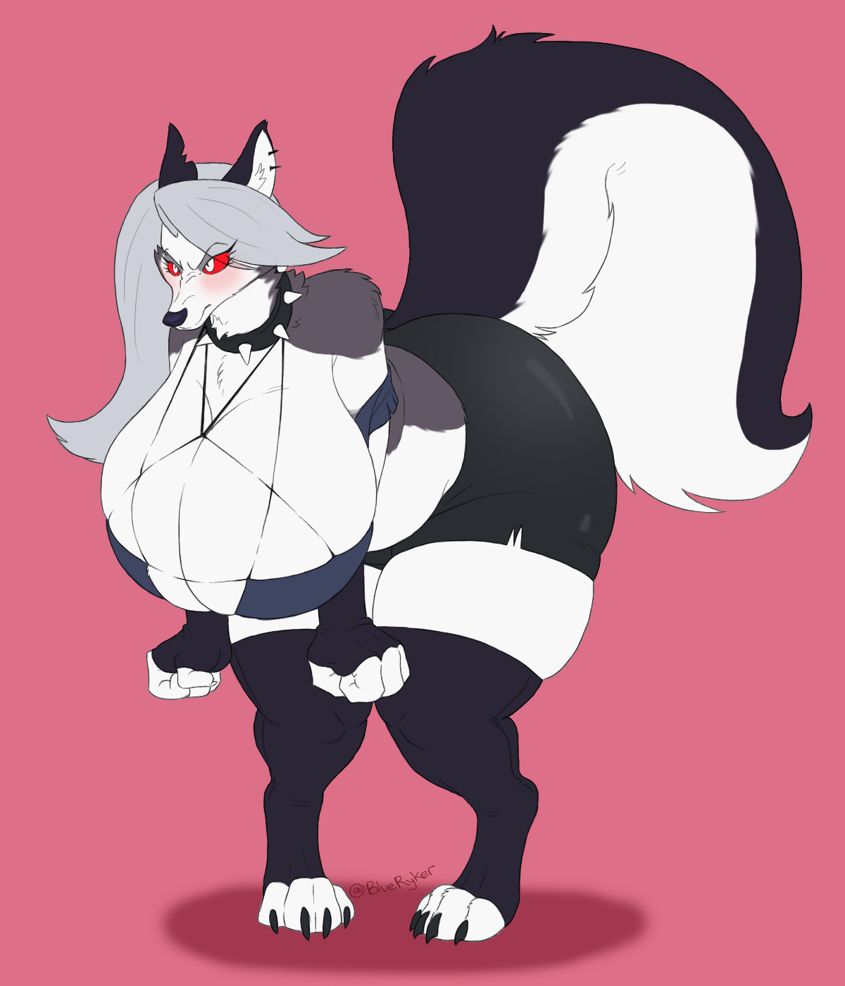 anthro, ass, bent over, big ass, big breasts, blueryker, blush, breasts, digital drawing (artwork), digital media (artwork), dog collar, female, female focus, female only, full body, fully clothed, hanging breasts, helluva boss, large ass, large breasts, long hair, loona (helluva boss), no bra, red eyes, thick, thick ass, thick legs, thick thighs, voluptuous, white fur, white hair, wide thighs, wolf ears, wolf girl, wolf humanoid, wolf tail