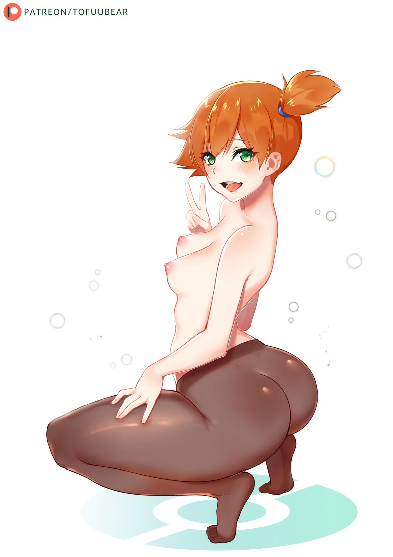 1girls, alternate version available, ass, big areola, breasts, erect nipples, female, female only, green eyes, higher resolution available, huge ass, human, human only, kasumi (pokemon), large ass, misty (pokemon), nintendo, nipples, orange hair, pantyhose, pokemon, pokemon rgby, puffy nipples, short hair, small breasts, solo, solo female, squatting, tofuubear, v, wide hips