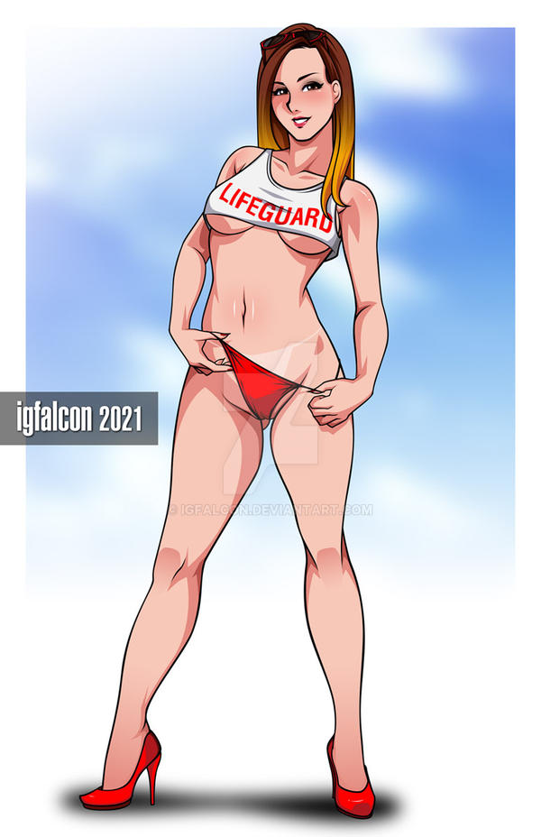 1girls bikini_bottom blonde_hair falcon-creative high_heels lifeguard looking_at_viewer medium_breasts original original_character sunglasses_on_head thick_thighs underboob