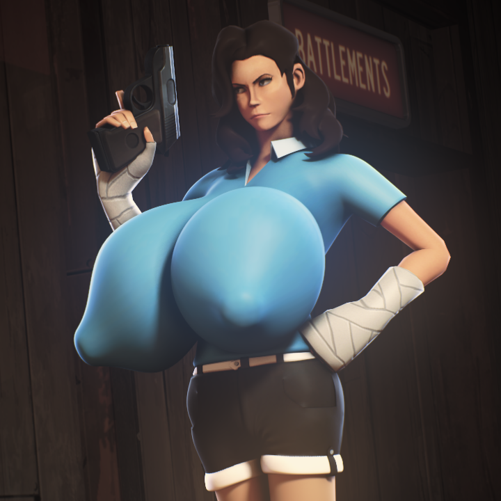 1girls 3d alternate_breast_size angry big_breasts big_nipples blue_eyes breasts breasts_bigger_than_head brown_hair cleavage clothed clothes clothing cowboy_shot dark_hair erect_nipples eyelashes eyeshadow female female_only femscout femscout_(alt_design) gun hand_on_hip holding holding_gun holding_object holding_weapon huge_breasts human hyper hyper_breasts hyper_nipples indoors ineffective_clothing inside large_breasts light_skin long_hair looking_at_another miniribbons nipple_bulge nipples pale_skin puffy_nipples rule_63 scout sfm shirt solo_female source_filmmaker standing straight team_fortress_2 valve video_games