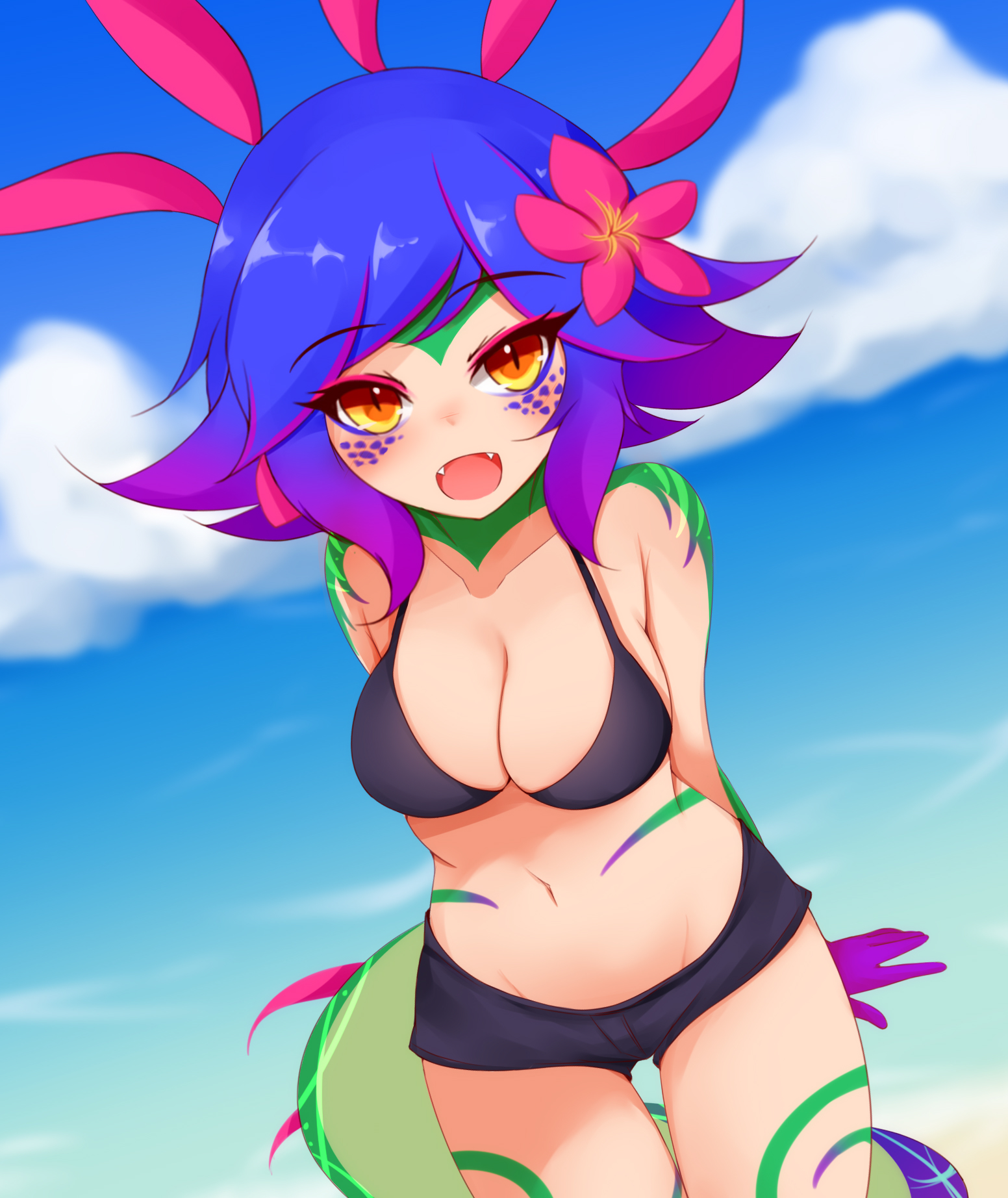 1girls, ayatori, big breasts, bikini, blue sky, breasts, fangs, female, female focus, female only, league of legends, leaning forward, looking at viewer, neeko, outside, riot games, sky