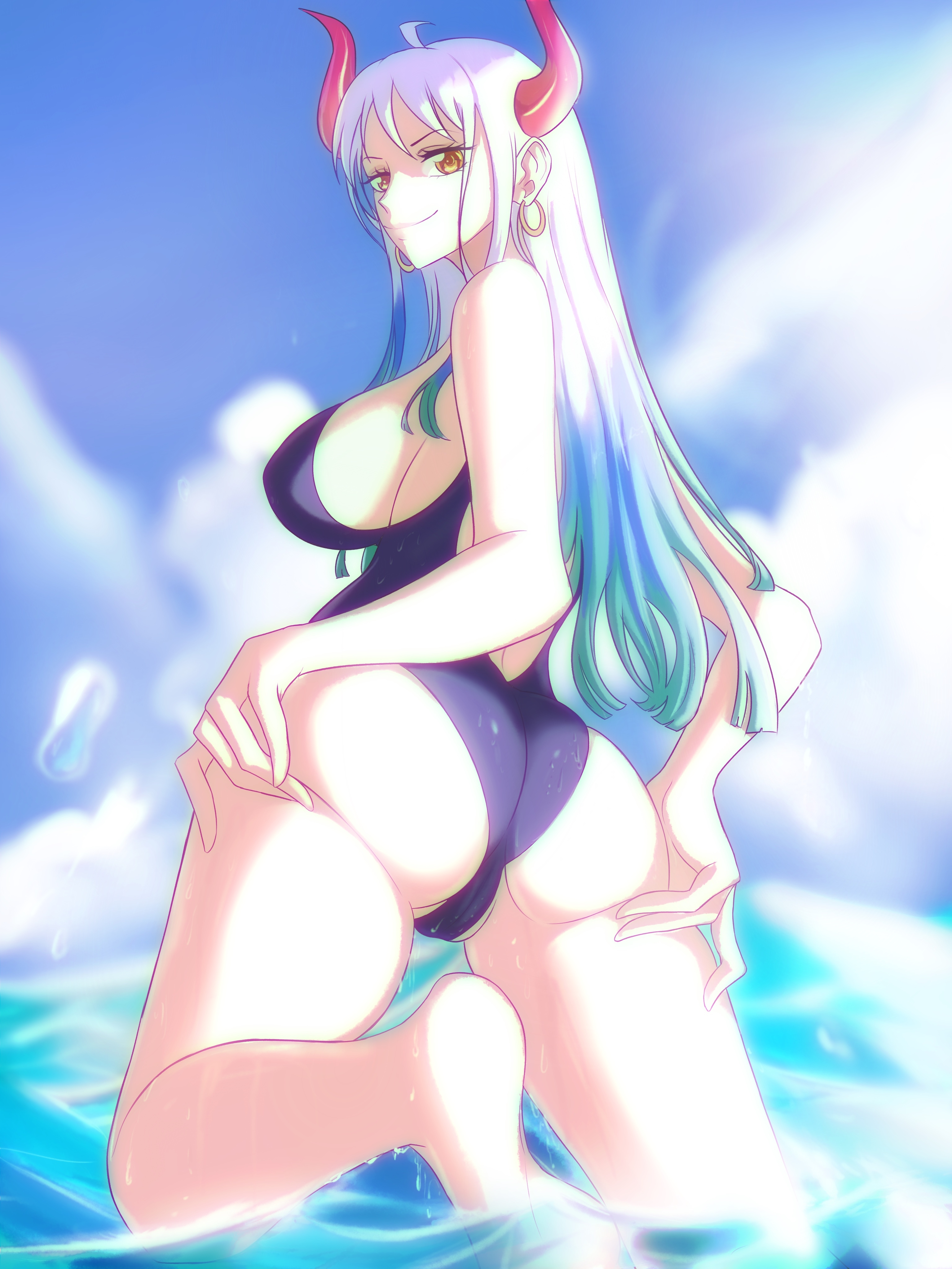 1girls, back view, female, female only, gold eyes, horns, looking at viewer, one piece, one-piece swimsuit, opalisart, two-tone hair, water, white hair, white-haired female, yamato (one piece)