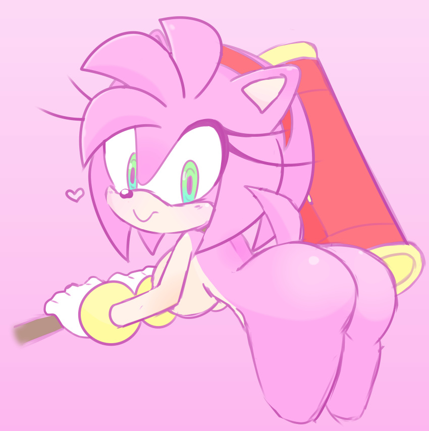 accessory, amy rose, anthro, ass, big ass, big breasts, big butt, black nose, blush, breasts, bubble ass, bubble butt, clothing, colored, eulipotyphlan, eyelashes, female, fur, gloves, green eyes, hair, hammer, handwear, heart, hedgehog, legwear, looking at viewer, looking back, mammal, nude, pink background, pink body, pink fur, pink hair, pink skin, raised tail, sega, short hair, side boob, side view, simple background, sirenstudios, solo, sonic (series), sonic the hedgehog (series), tail, thick thighs, thigh highs, tools, video games, weapon, wrist cuff